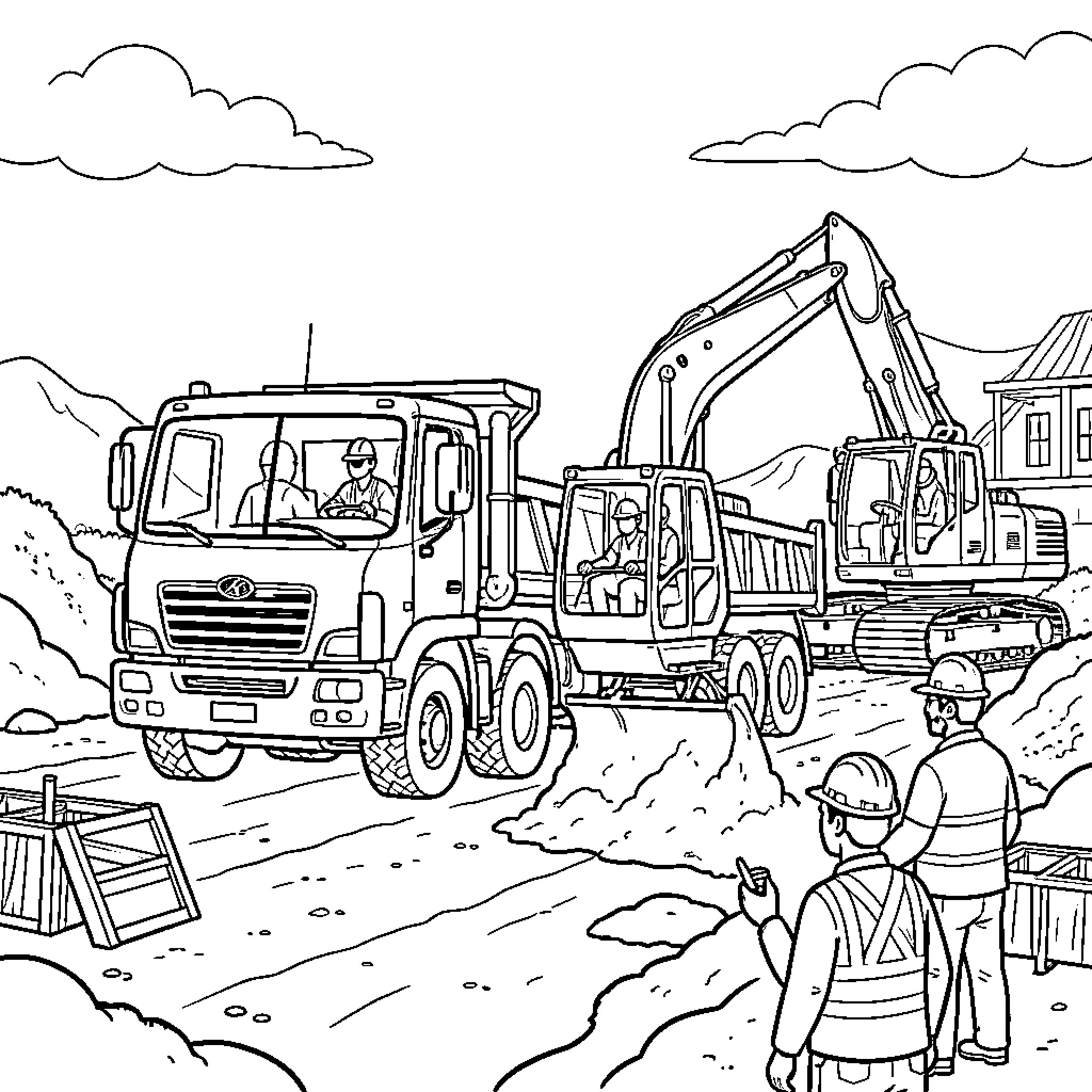 Camion and excavator working together at a construction site Coloring Page (free black-and-white line drawing printable PDF for all, from beginners to advanced learners, including children, teens, adults, and seniors)