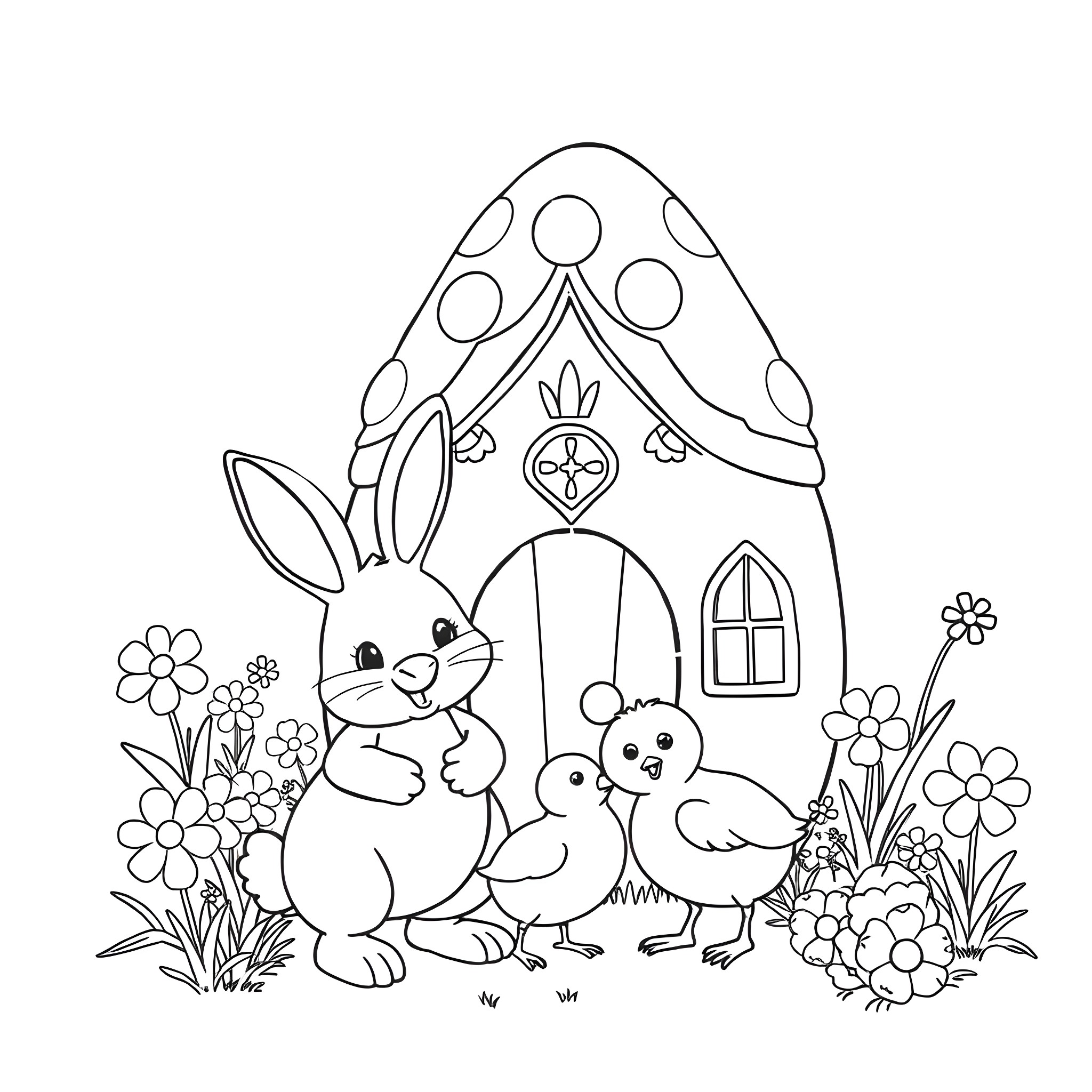 Bunny and chicks playing near a polka dot mushroom house Coloring Page (free black-and-white line drawing printable PDF for all, from beginners to advanced learners, including children, teens, adults, and seniors)