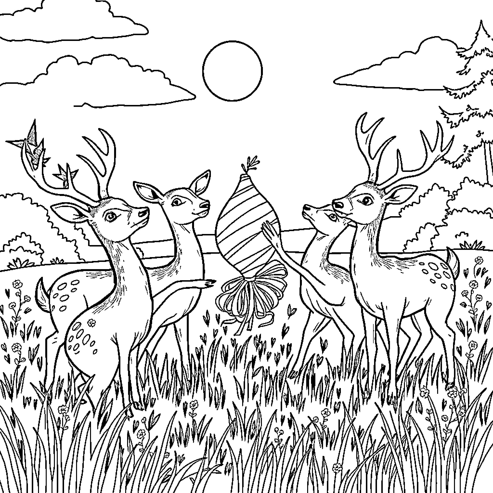 Deer celebrating in a meadow Coloring Page (free black-and-white line drawing printable PDF for all, from beginners to advanced learners, including children, teens, adults, and seniors)