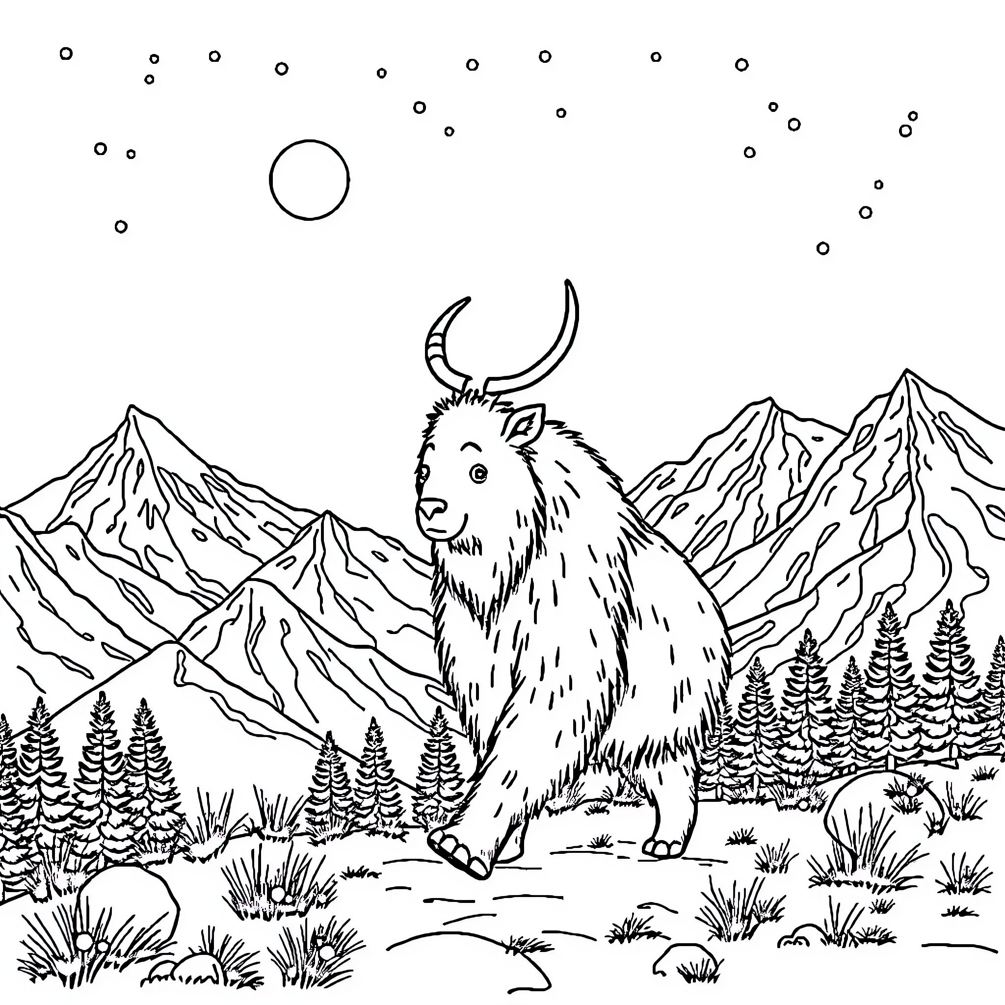 Bear in the Snowy Mountain Landscape Coloring Page (free black-and-white line drawing printable PDF for all, from beginners to advanced learners, including children, teens, adults, and seniors)
