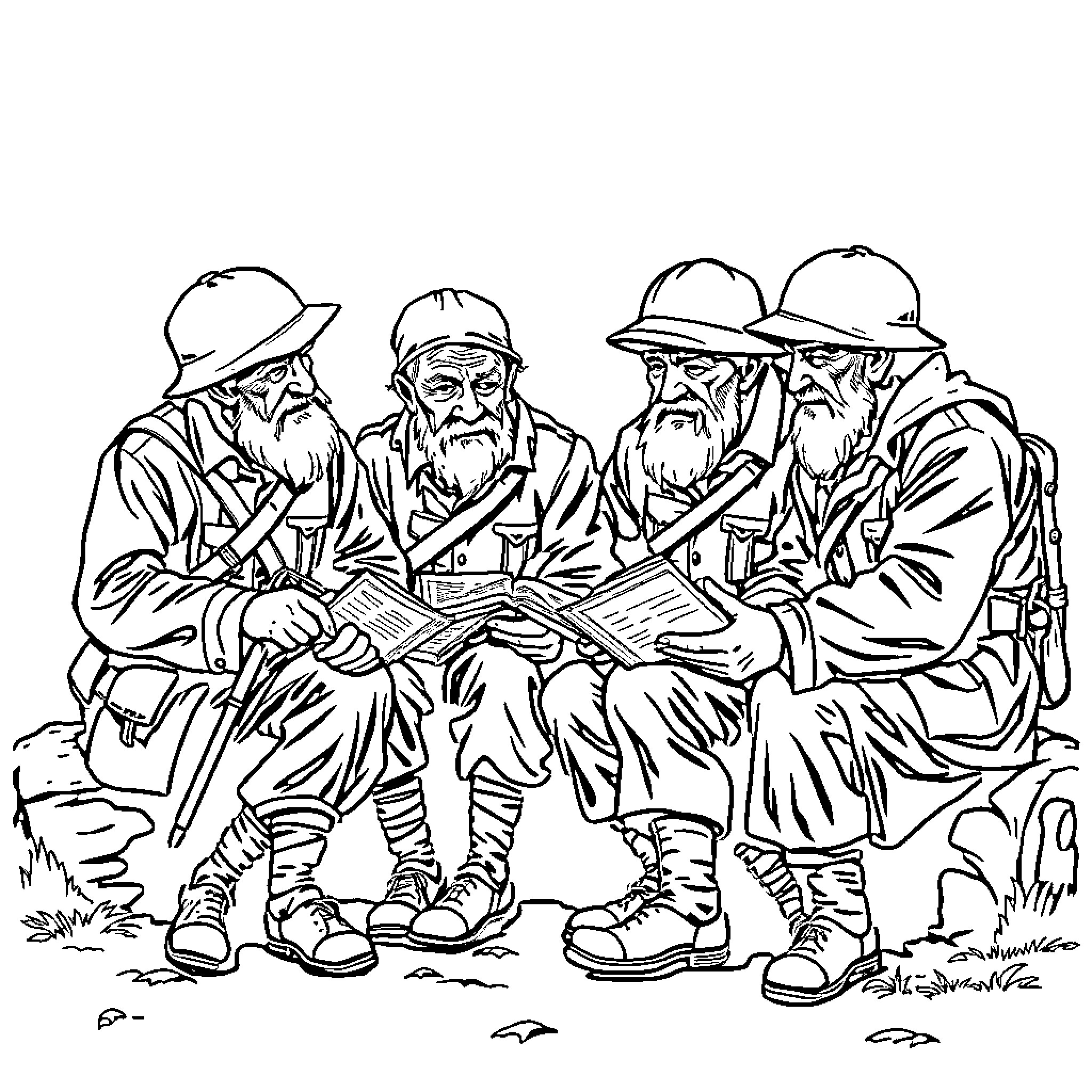 Soldier Comrades Discussing Plans in the Field Coloring Page (free black-and-white line drawing printable PDF for all, from beginners to advanced learners, including children, teens, adults, and seniors)