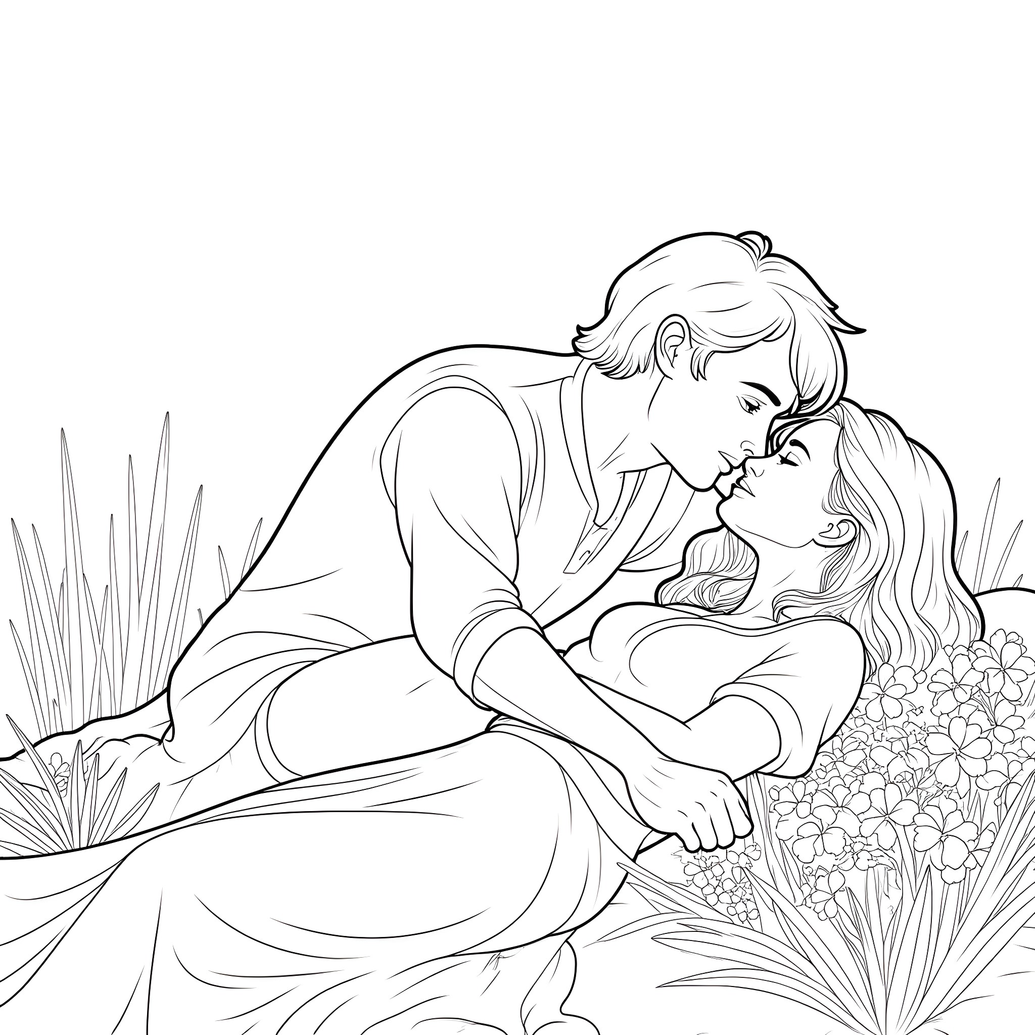 Romeo and Juliet: A Romantic Embrace in the Garden Coloring Page (free black-and-white line drawing printable PDF for all, from beginners to advanced learners, including children, teens, adults, and seniors)