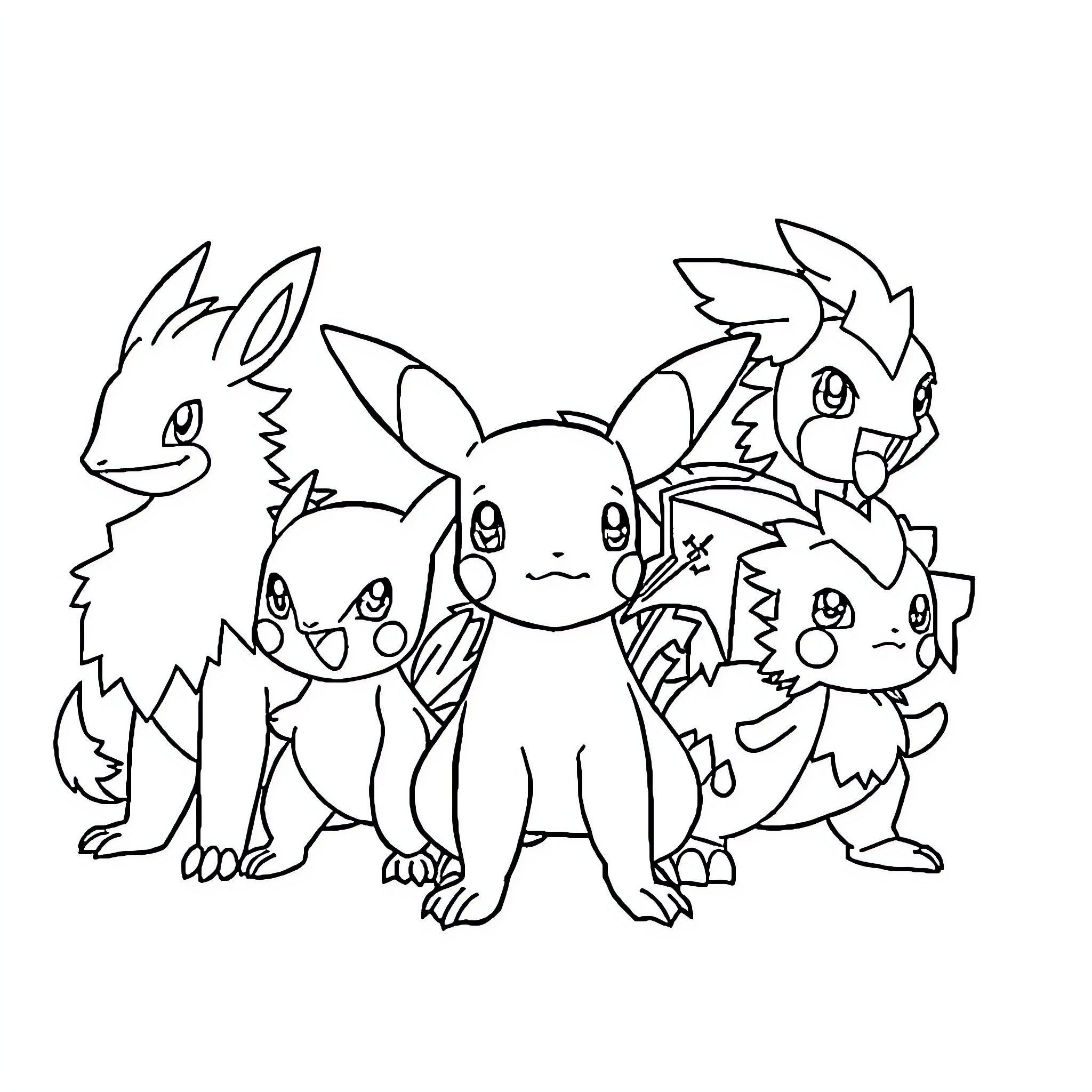Pokémon characters posing together Coloring Page (free black-and-white line drawing printable PDF for all, from beginners to advanced learners, including children, teens, adults, and seniors)