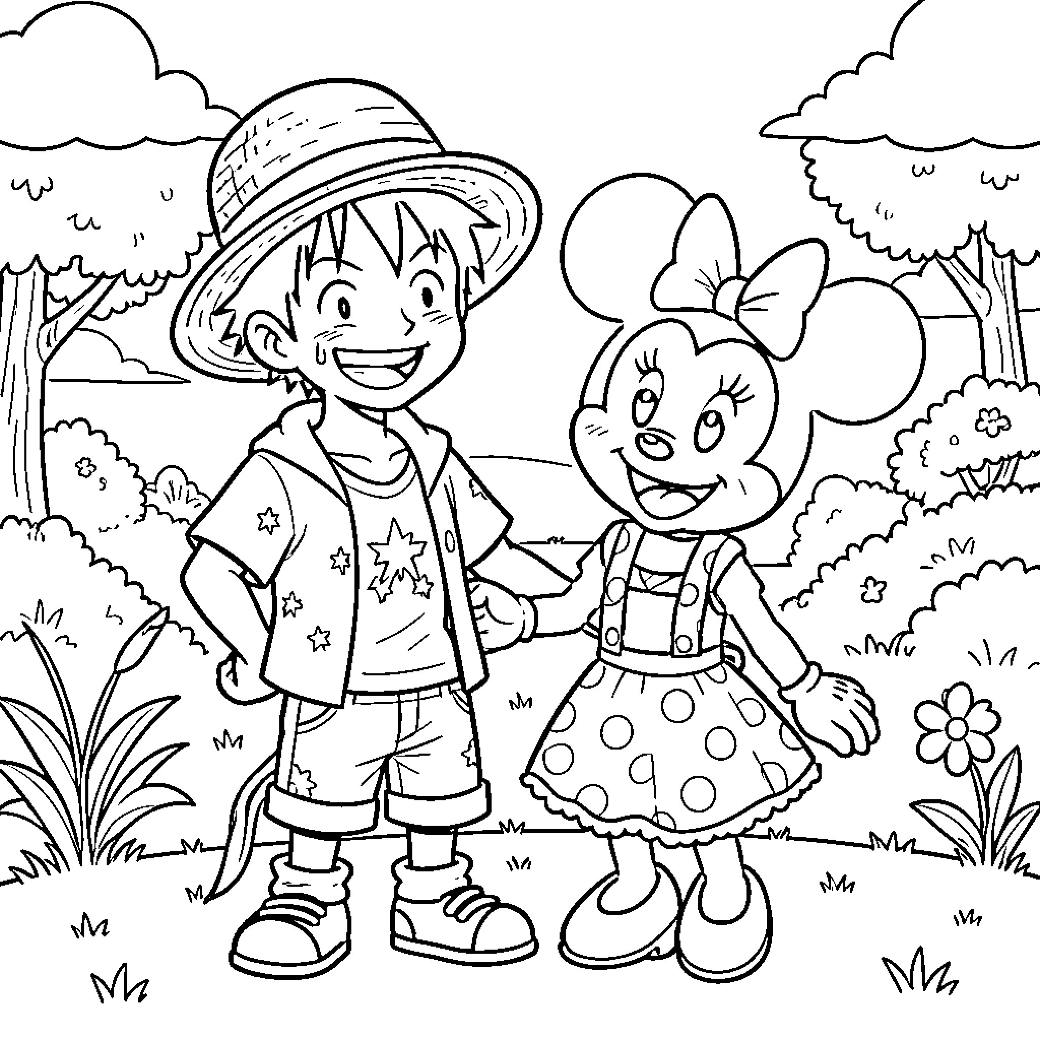 Luffy and Minnie exploring the outdoors Coloring Page (free black-and-white line drawing printable PDF for all, from beginners to advanced learners, including children, teens, adults, and seniors)