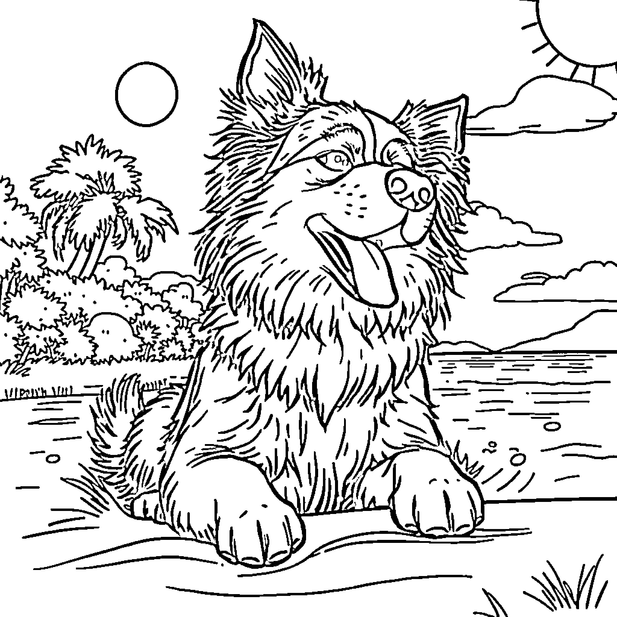 Hond playing happily in the nature Coloring Page (free black-and-white line drawing printable PDF for all, from beginners to advanced learners, including children, teens, adults, and seniors)