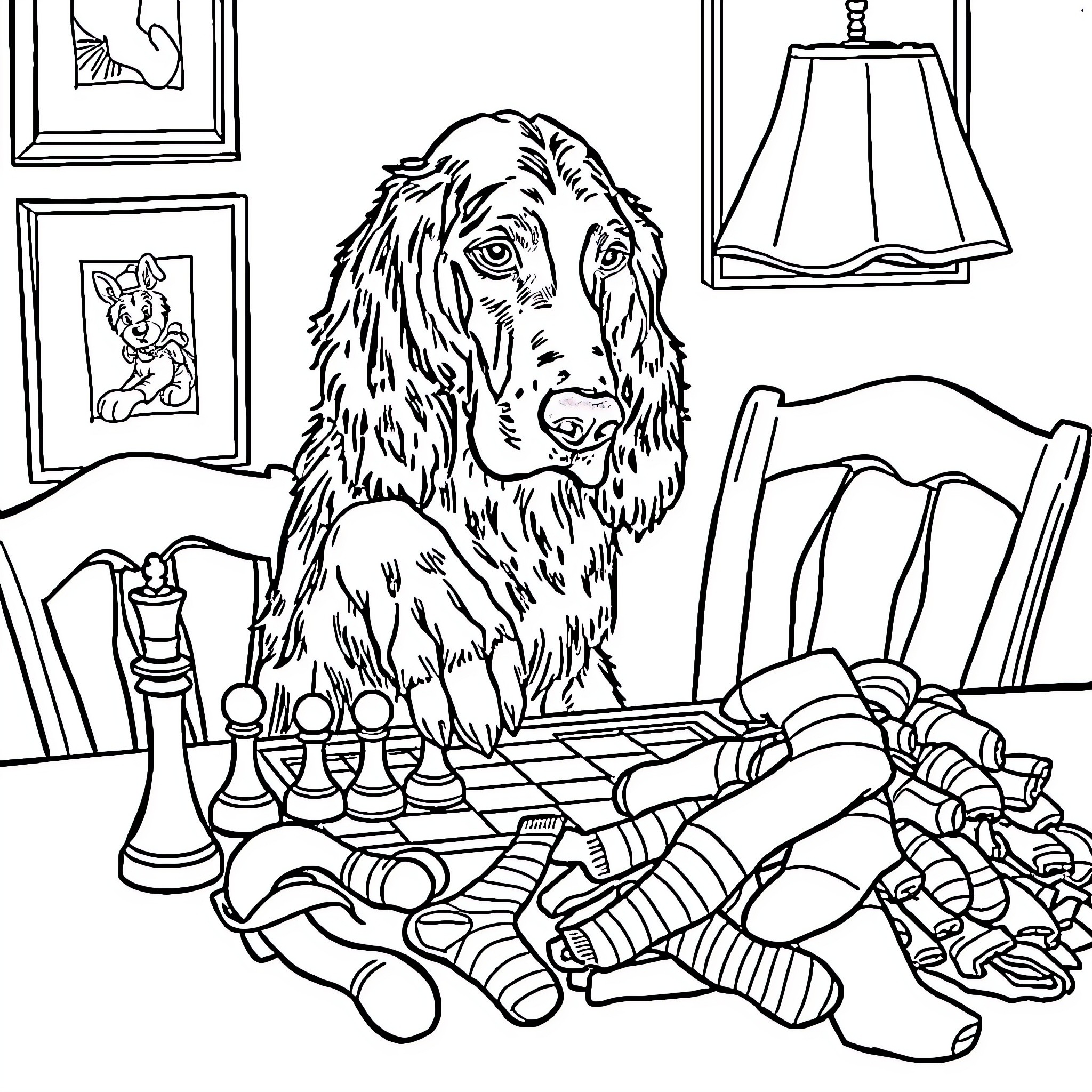 Irish Setter relaxing with chess pieces and knitting supplies Coloring Page (free black-and-white line drawing printable PDF for all, from beginners to advanced learners, including children, teens, adults, and seniors)