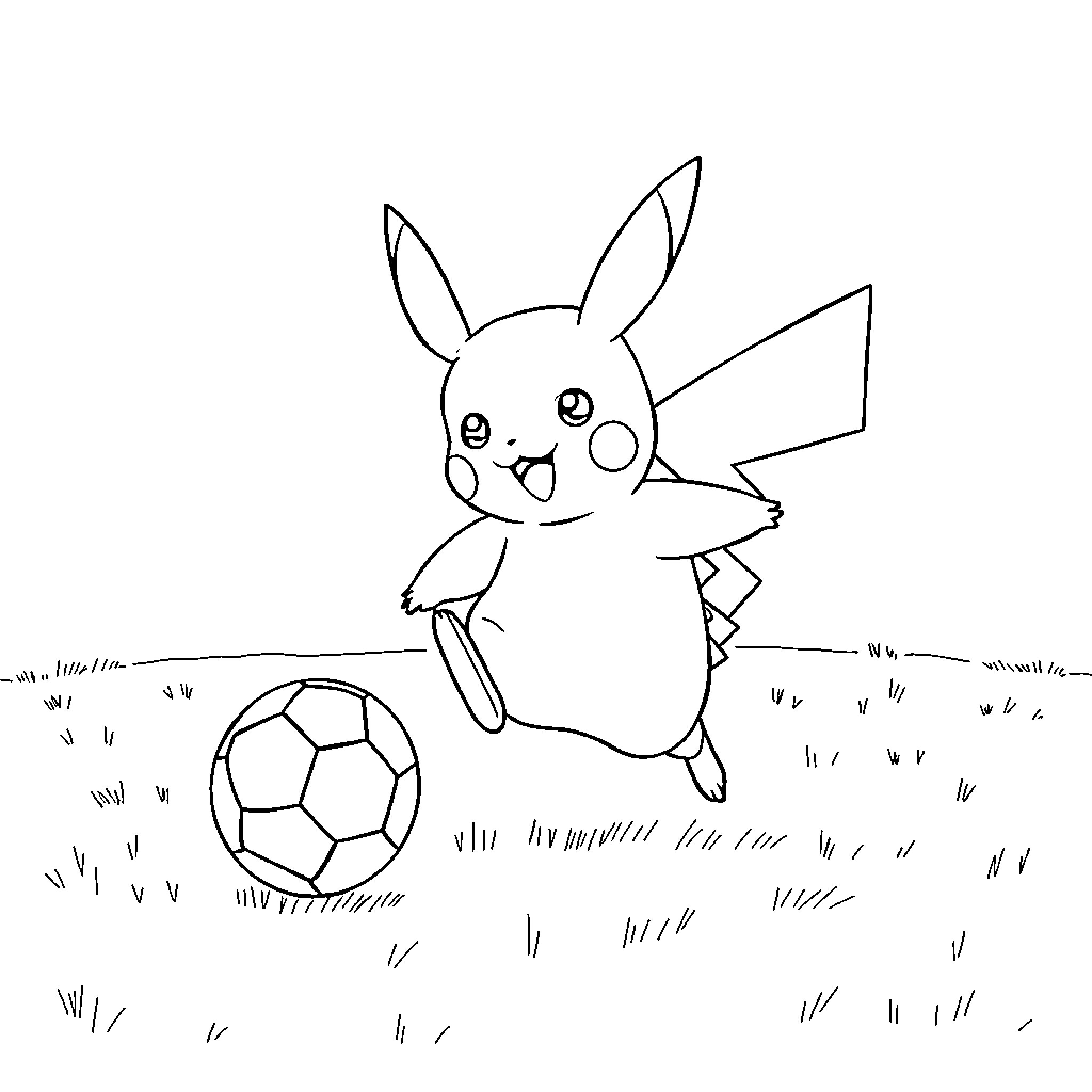 Pikachu playing with soccer ball in field Coloring Page (free black-and-white line drawing printable PDF for all, from beginners to advanced learners, including children, teens, adults, and seniors)