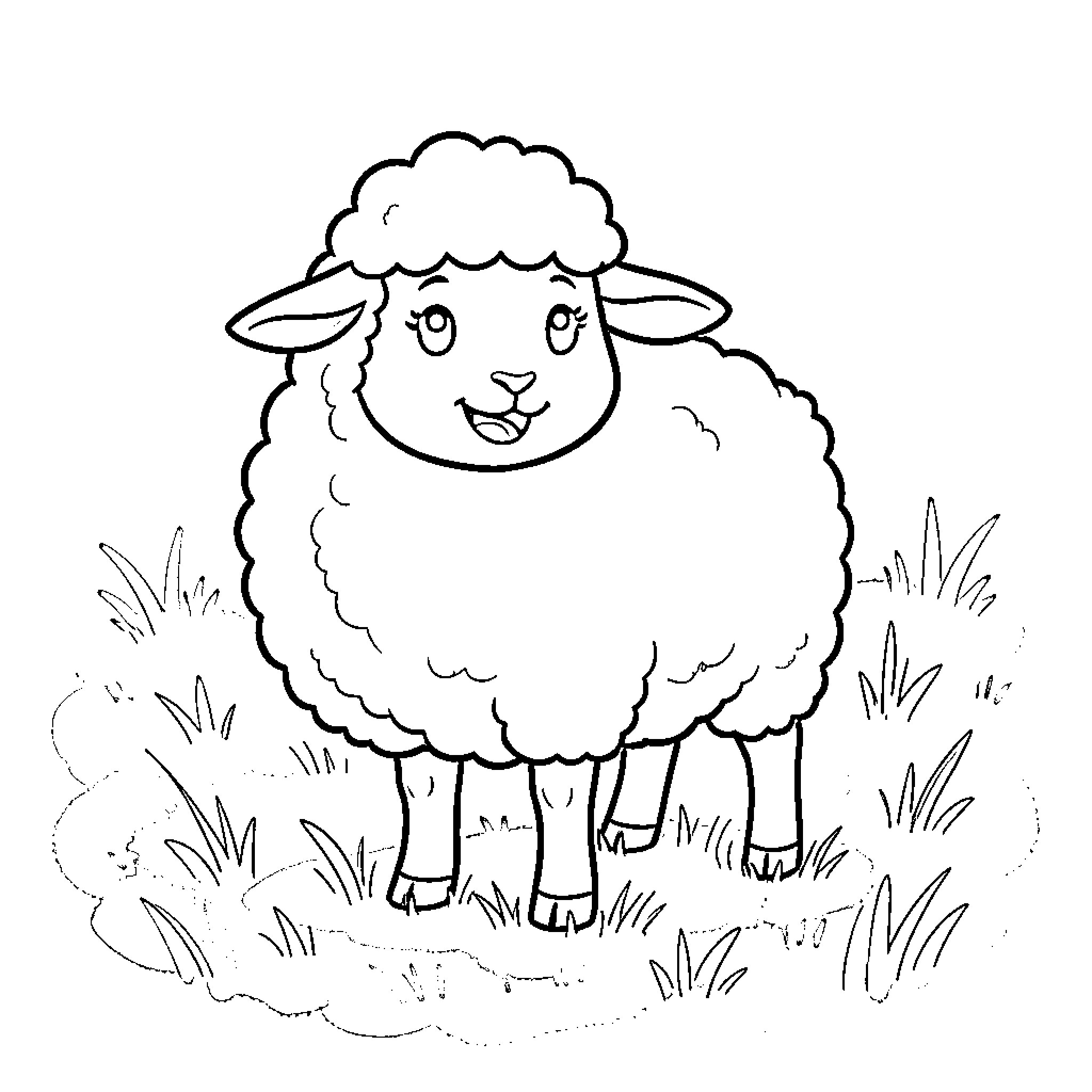Sheep grazing happily in the grassy field Coloring Page (free black-and-white line drawing printable PDF for all, from beginners to advanced learners, including children, teens, adults, and seniors)