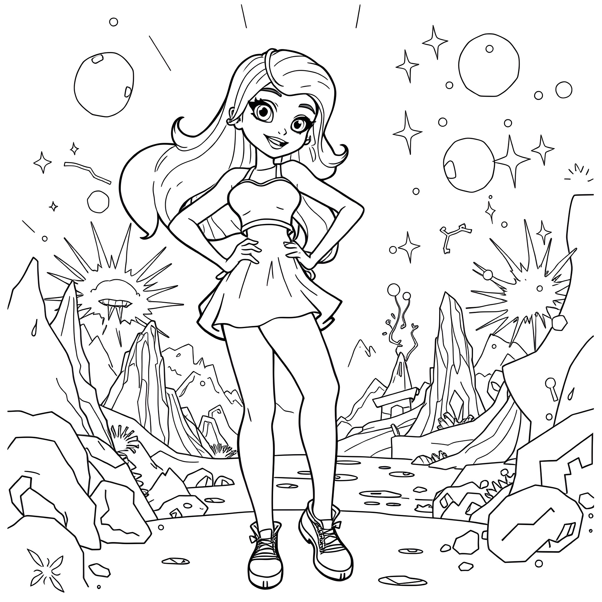 Gwen in a Whimsical Fantasy Landscape Coloring Page (free black-and-white line drawing printable PDF for all, from beginners to advanced learners, including children, teens, adults, and seniors)