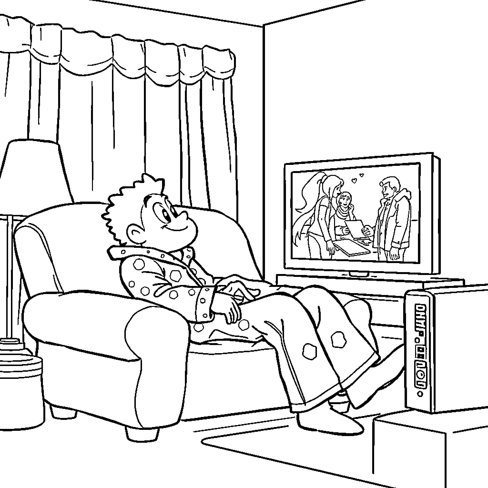 Bluey relaxing and watching TV at home Coloring Page (free black-and-white line drawing printable PDF for all, from beginners to advanced learners, including children, teens, adults, and seniors)