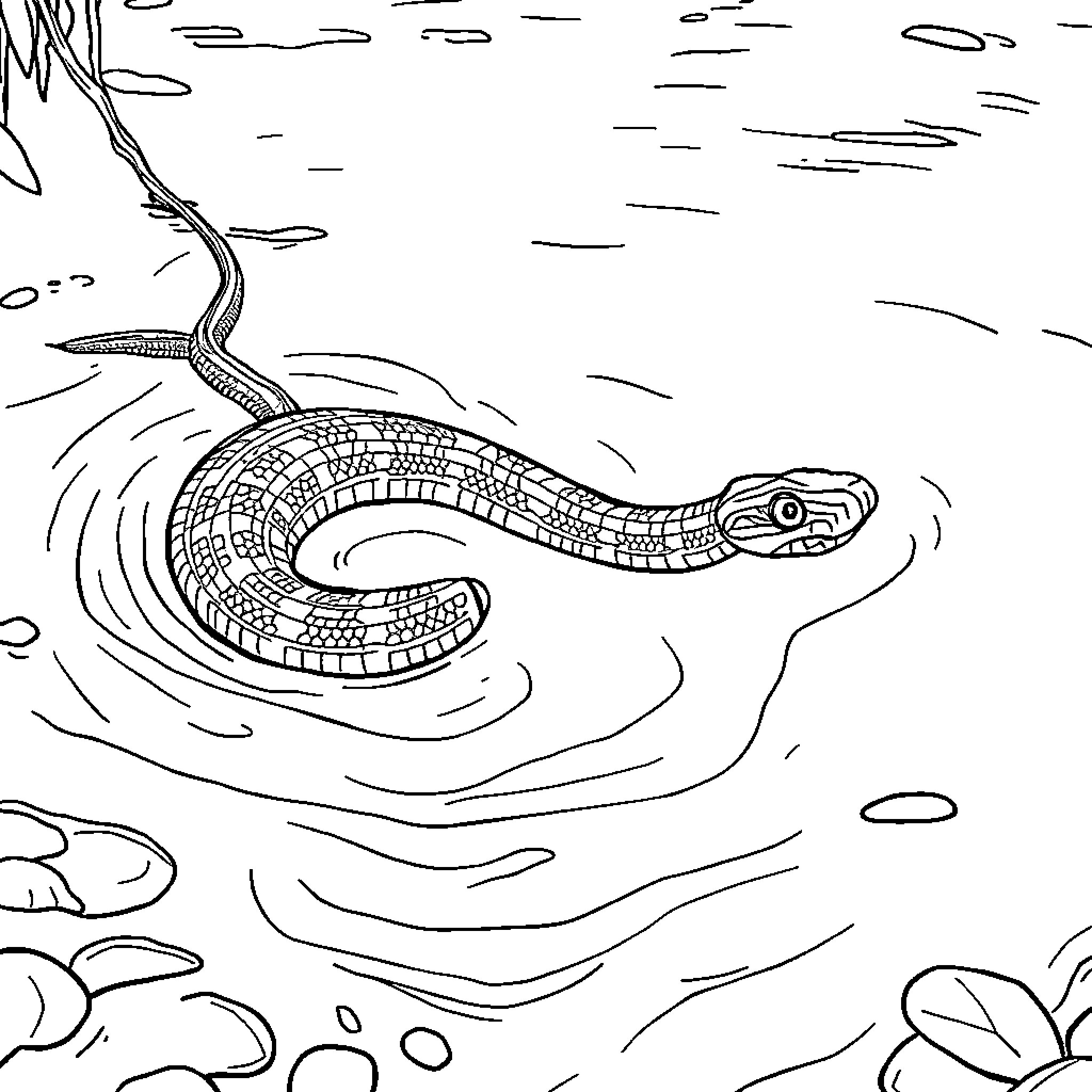 Congo Water Snake swimming in the river Coloring Page (free black-and-white line drawing printable PDF for all, from beginners to advanced learners, including children, teens, adults, and seniors)