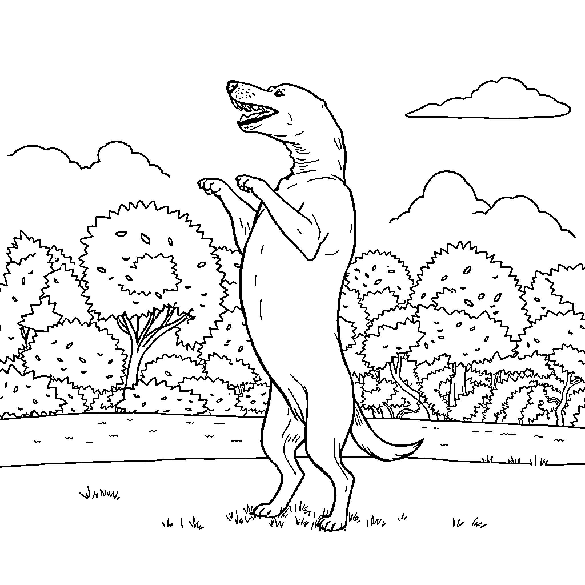 Dog playfully standing in the wilderness Coloring Page (free black-and-white line drawing printable PDF for all, from beginners to advanced learners, including children, teens, adults, and seniors)