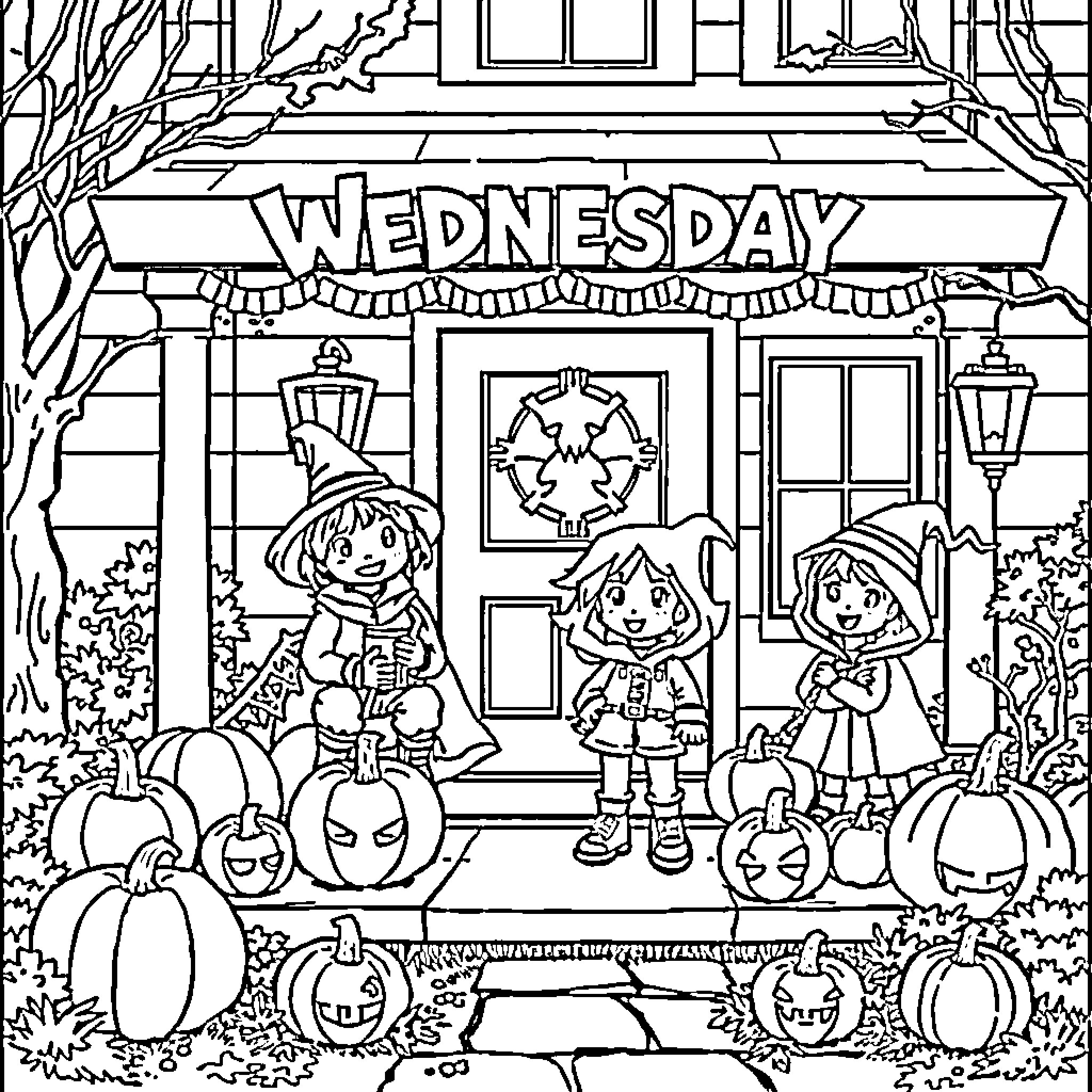 Wednesday Children Trick or Treating at Halloween Store Coloring Page (free black-and-white line drawing printable PDF for all, from beginners to advanced learners, including children, teens, adults, and seniors)
