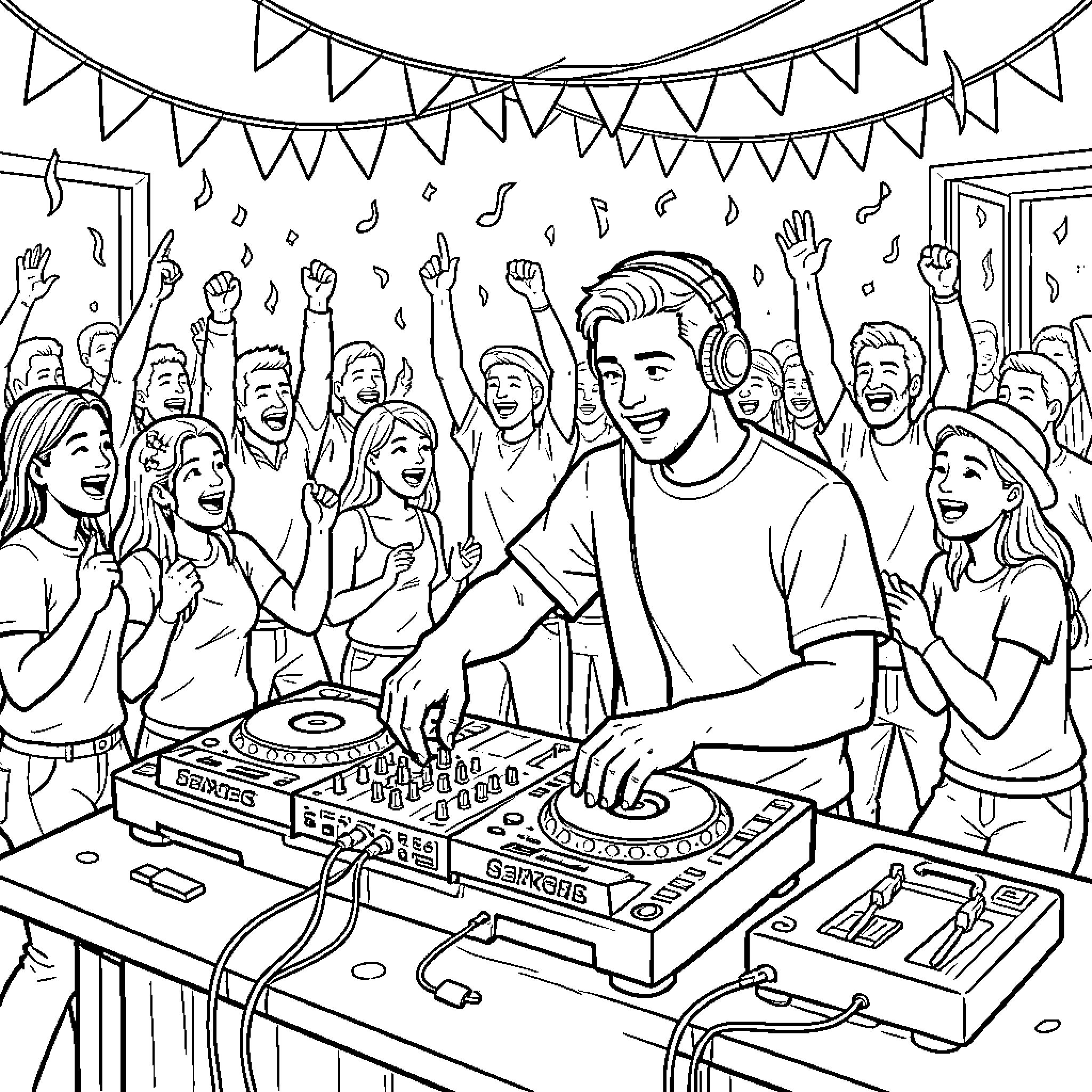 DJ Spinning Tunes at Lively Party Coloring Page (free black-and-white line drawing printable PDF for all, from beginners to advanced learners, including children, teens, adults, and seniors)