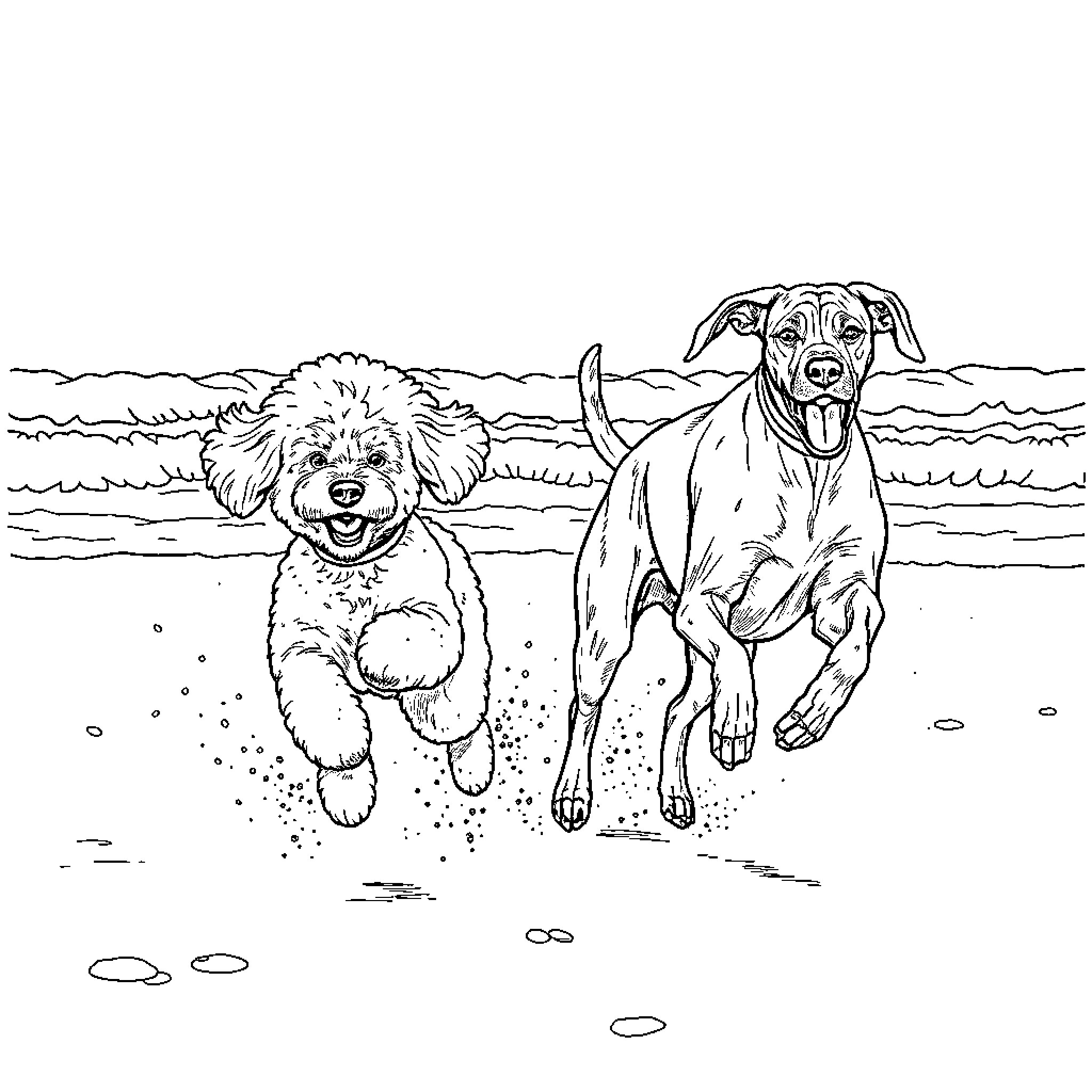 Dog friends frolicking happily on the beach Coloring Page (free black-and-white line drawing printable PDF for all, from beginners to advanced learners, including children, teens, adults, and seniors)