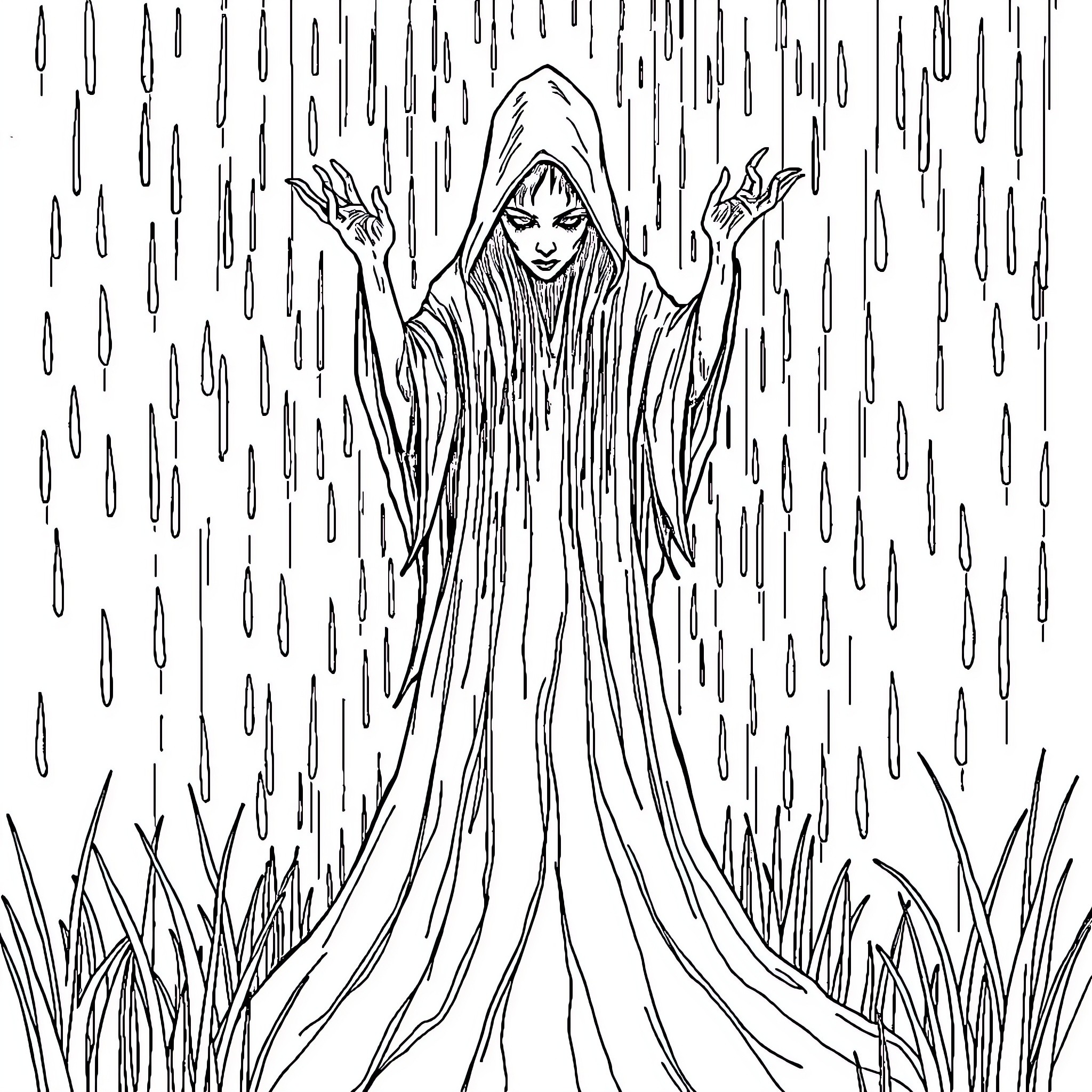 Spirit of the Mystical Rain Coloring Page (free black-and-white line drawing printable PDF for all, from beginners to advanced learners, including children, teens, adults, and seniors)