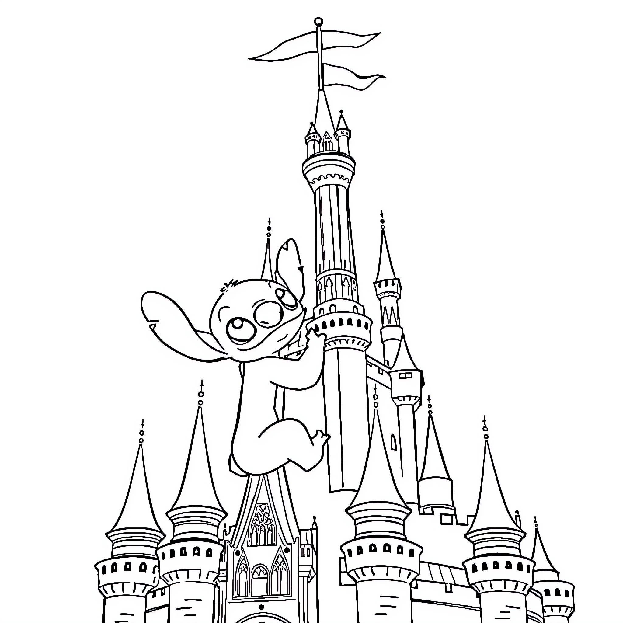 Stitch exploring a magical castle Coloring Page (free black-and-white line drawing printable PDF for all, from beginners to advanced learners, including children, teens, adults, and seniors)