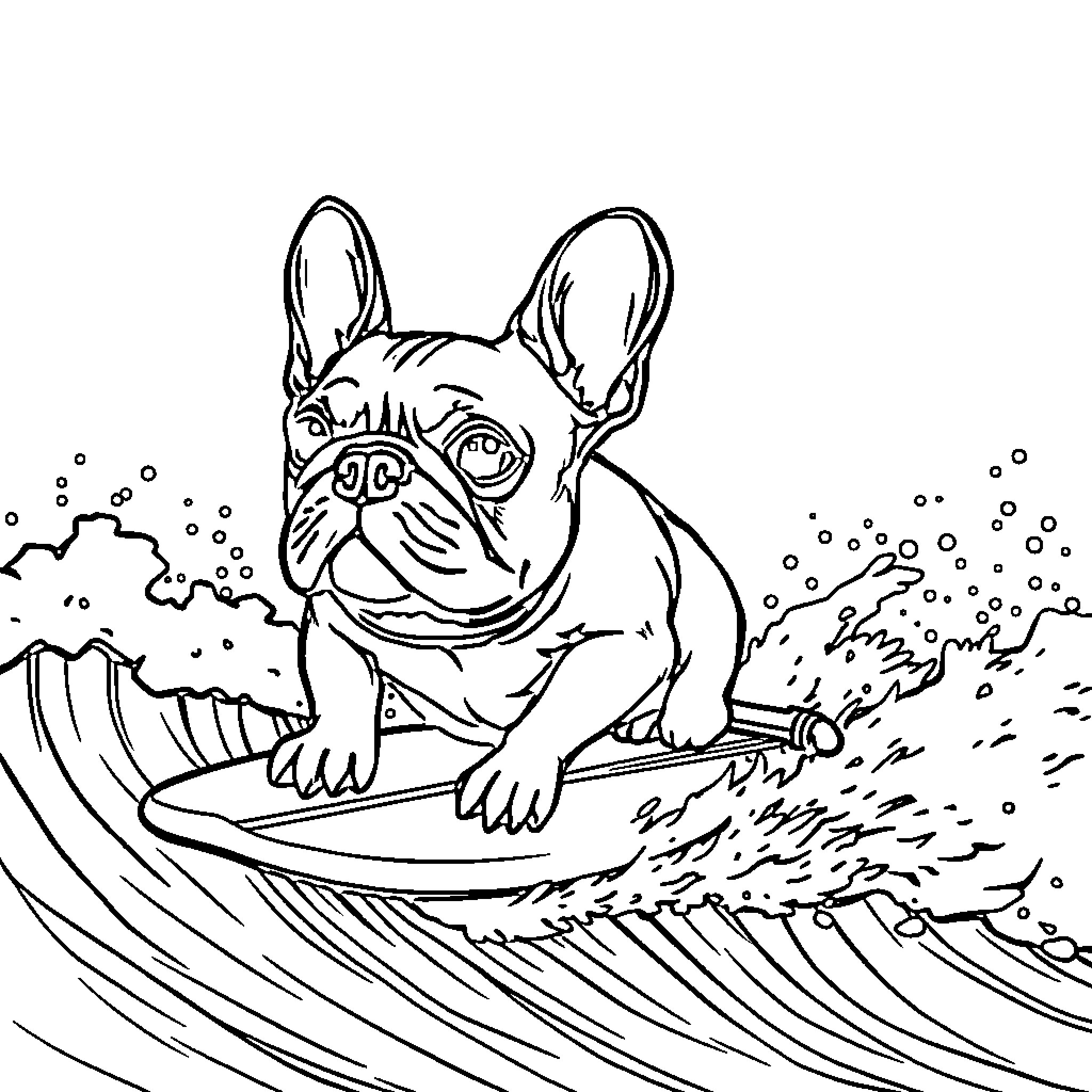 French Bulldog Surfing on Waves Coloring Page (free black-and-white line drawing printable PDF for all, from beginners to advanced learners, including children, teens, adults, and seniors)