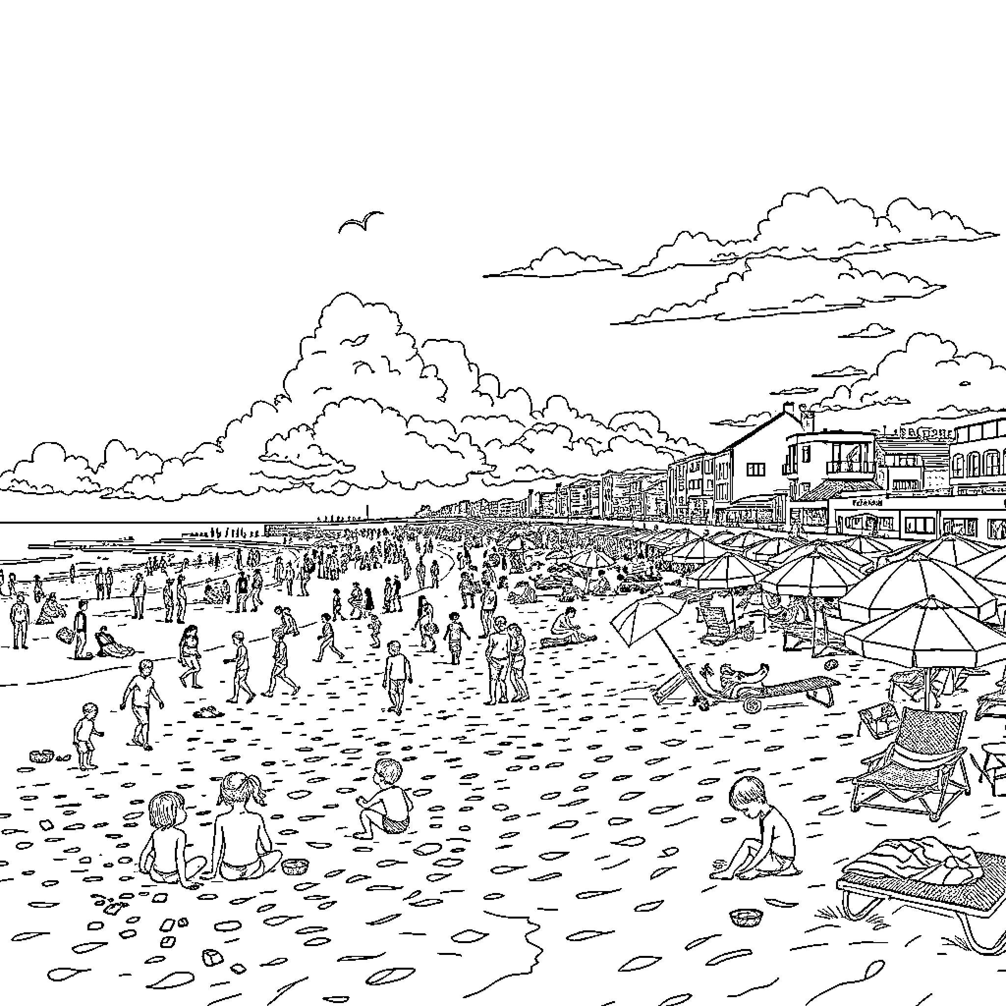 Beach scene with people enjoying summer activities Coloring Page (free black-and-white line drawing printable PDF for all, from beginners to advanced learners, including children, teens, adults, and seniors)