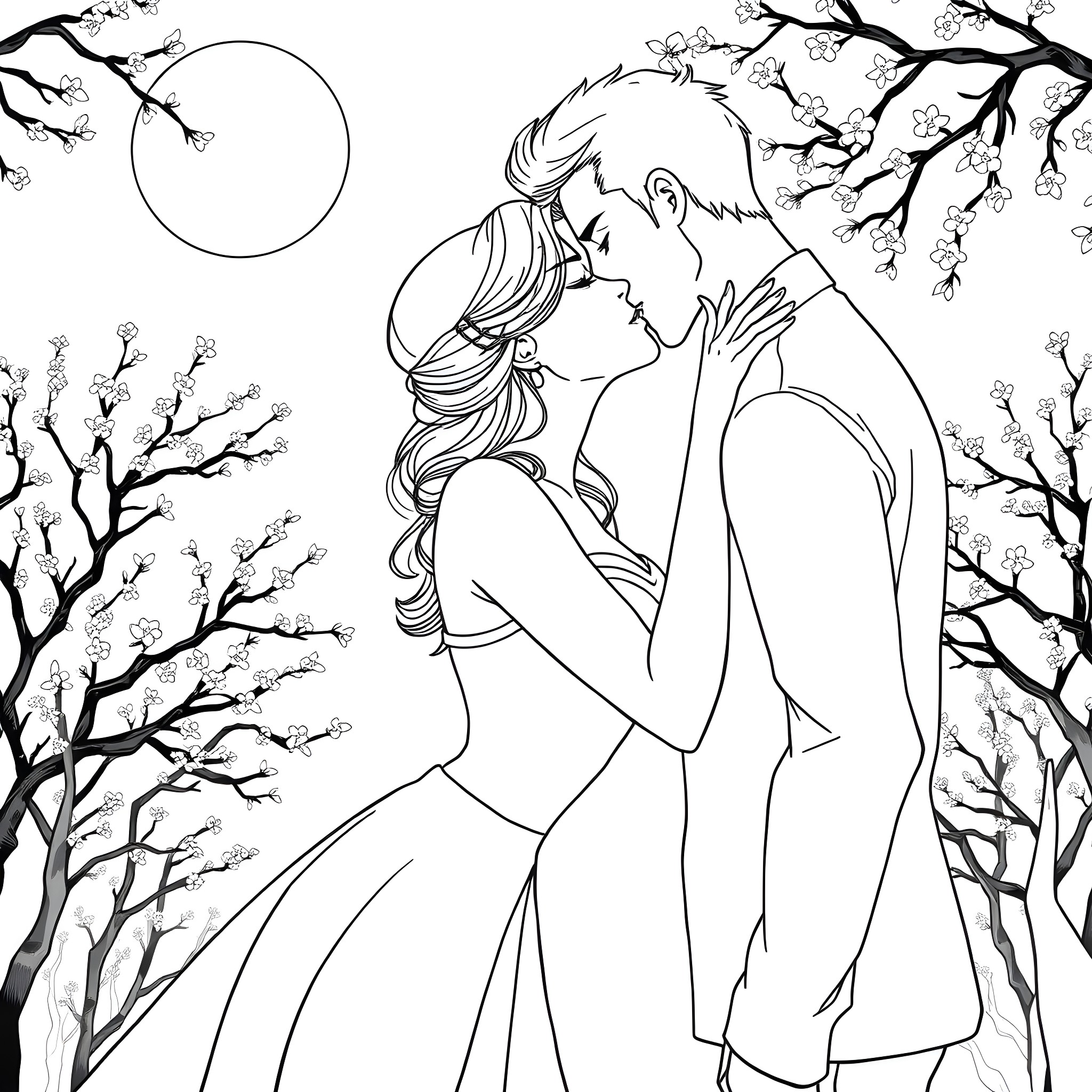 Maiden embracing her beloved in a moonlit garden Coloring Page (free black-and-white line drawing printable PDF for all, from beginners to advanced learners, including children, teens, adults, and seniors)
