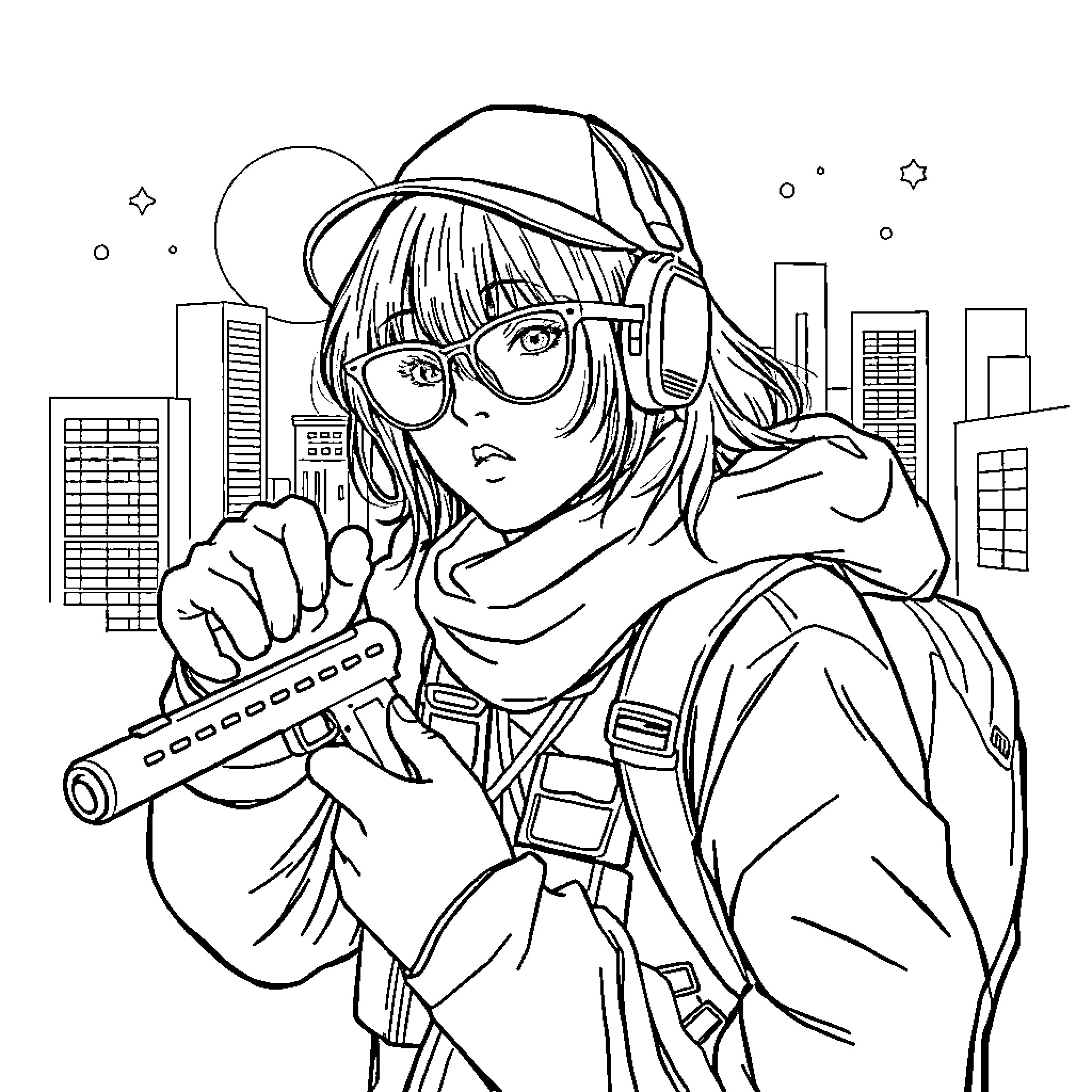 K-pop Hunter's Cyberpunk Adventure Coloring Page (free black-and-white line drawing printable PDF for all, from beginners to advanced learners, including children, teens, adults, and seniors)
