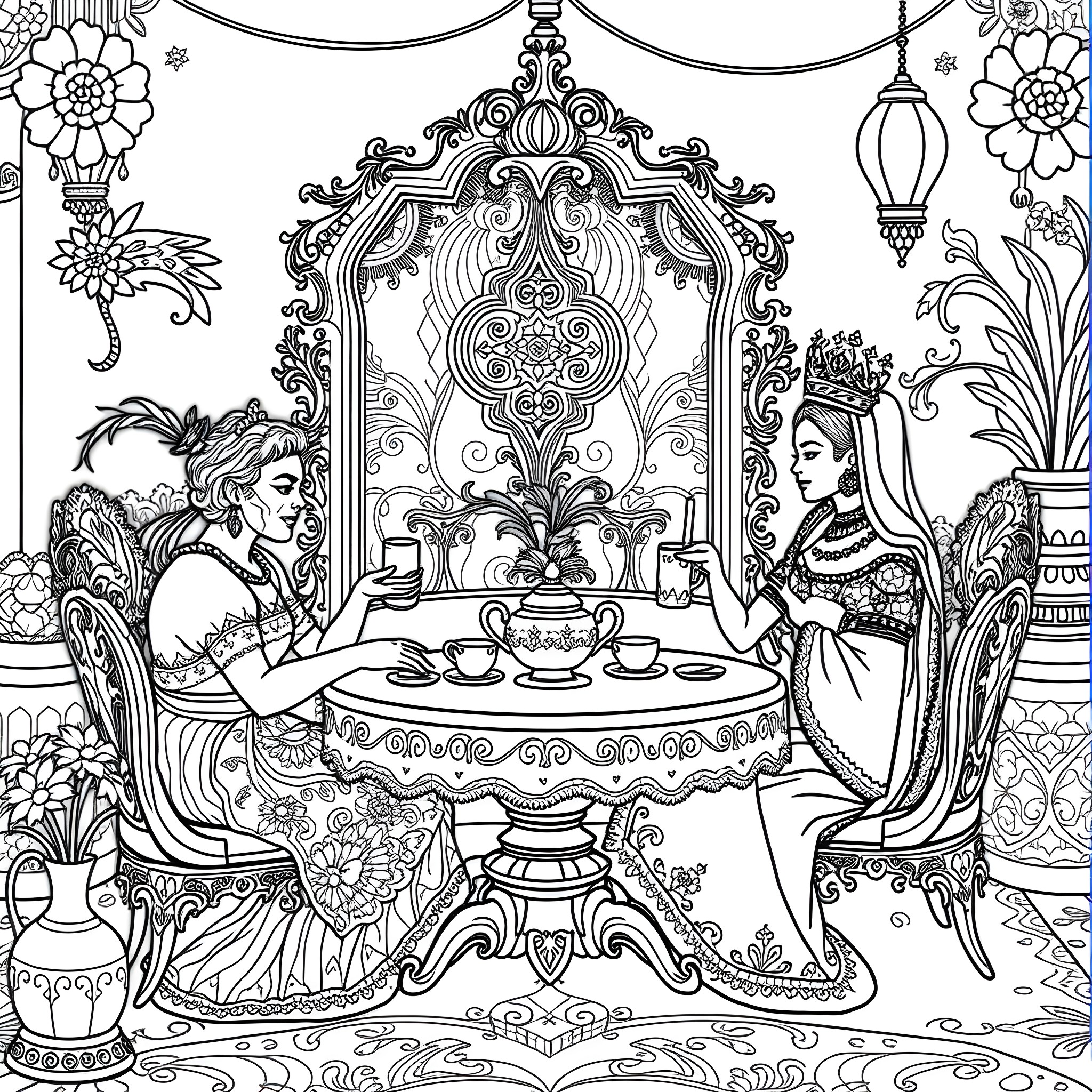 Hulk's Elegant Tea Time with a Royal Companion Coloring Page (free black-and-white line drawing printable PDF for all, from beginners to advanced learners, including children, teens, adults, and seniors)