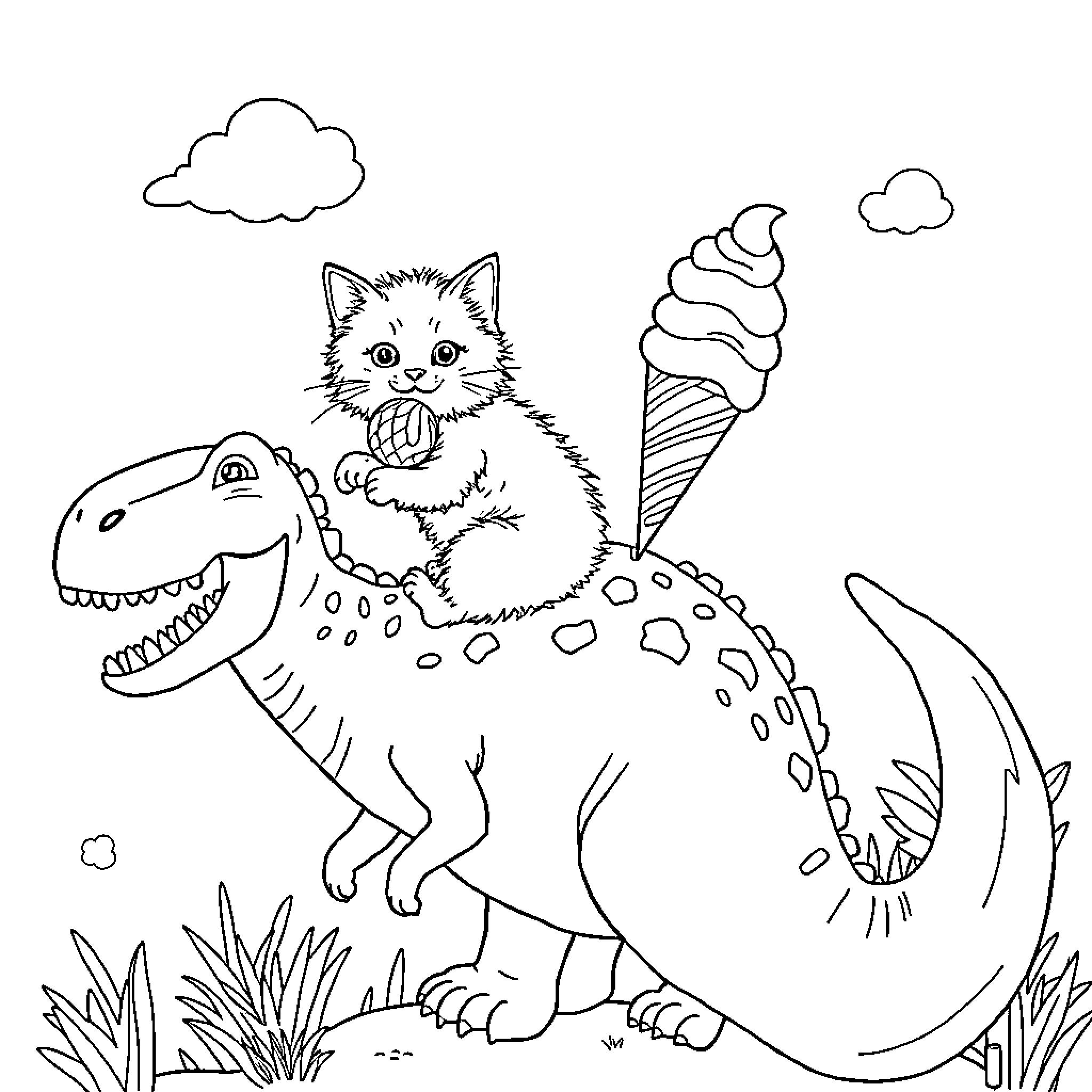 Cat riding on a friendly dinosaur with ice cream Coloring Page (free black-and-white line drawing printable PDF for all, from beginners to advanced learners, including children, teens, adults, and seniors)