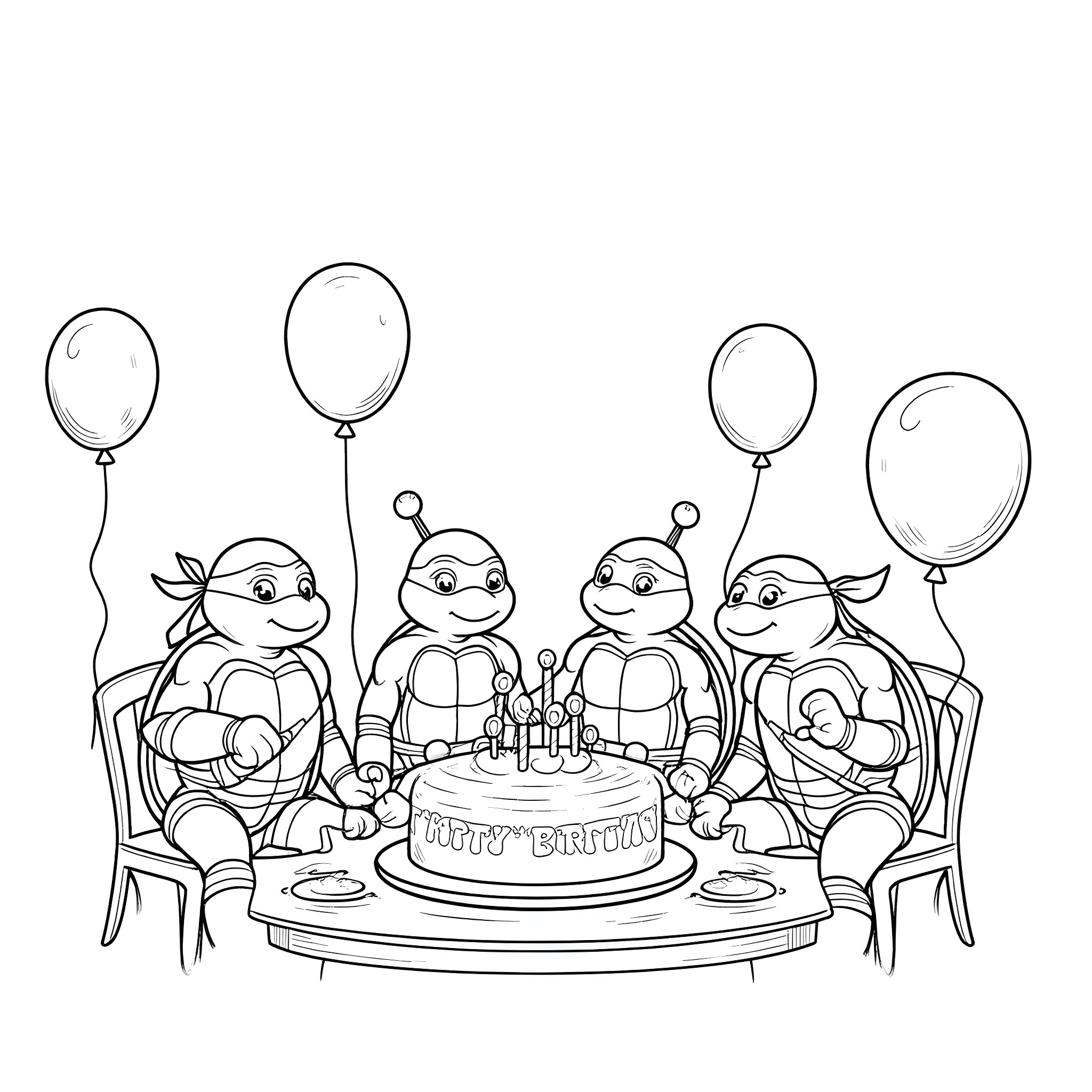 Ninja Turtle friends celebrating a birthday party Coloring Page (free black-and-white line drawing printable PDF for all, from beginners to advanced learners, including children, teens, adults, and seniors)