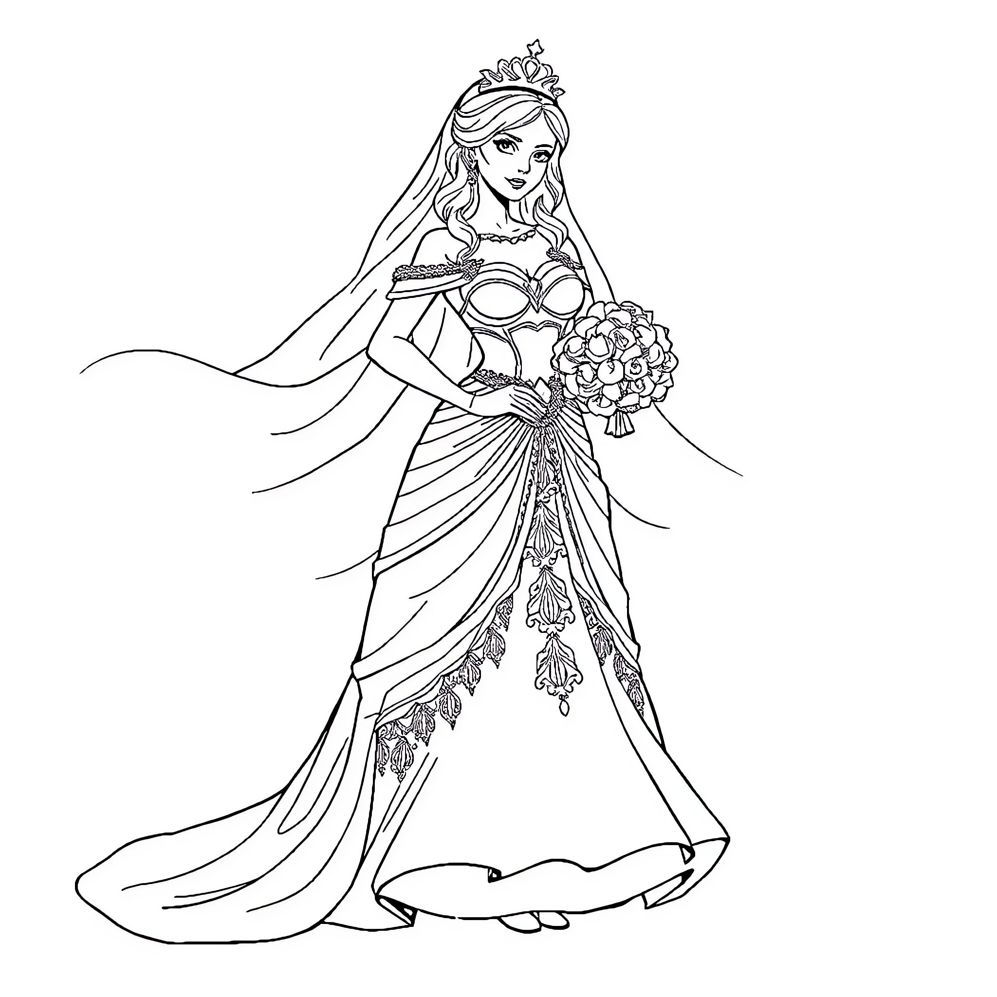 Princess in Elegant Wedding Gown and Holding Bouquet Coloring Page (free black-and-white line drawing printable PDF for all, from beginners to advanced learners, including children, teens, adults, and seniors)