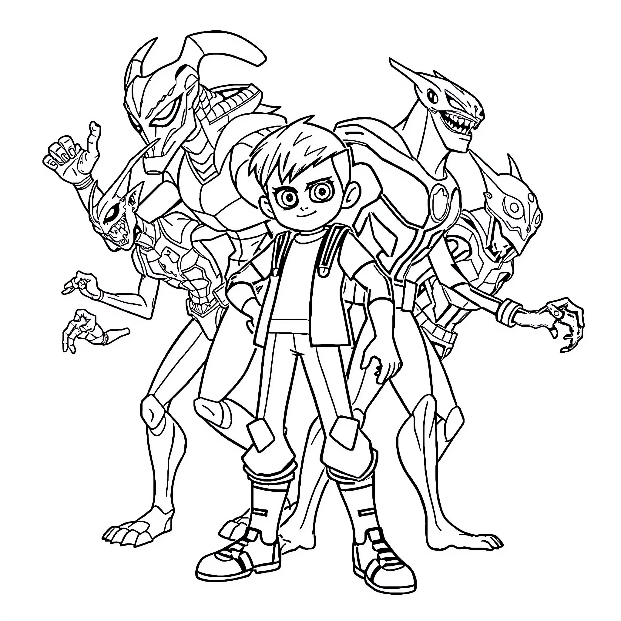Ben10 and his alien transformations in action Coloring Page (free black-and-white line drawing printable PDF for all, from beginners to advanced learners, including children, teens, adults, and seniors)
