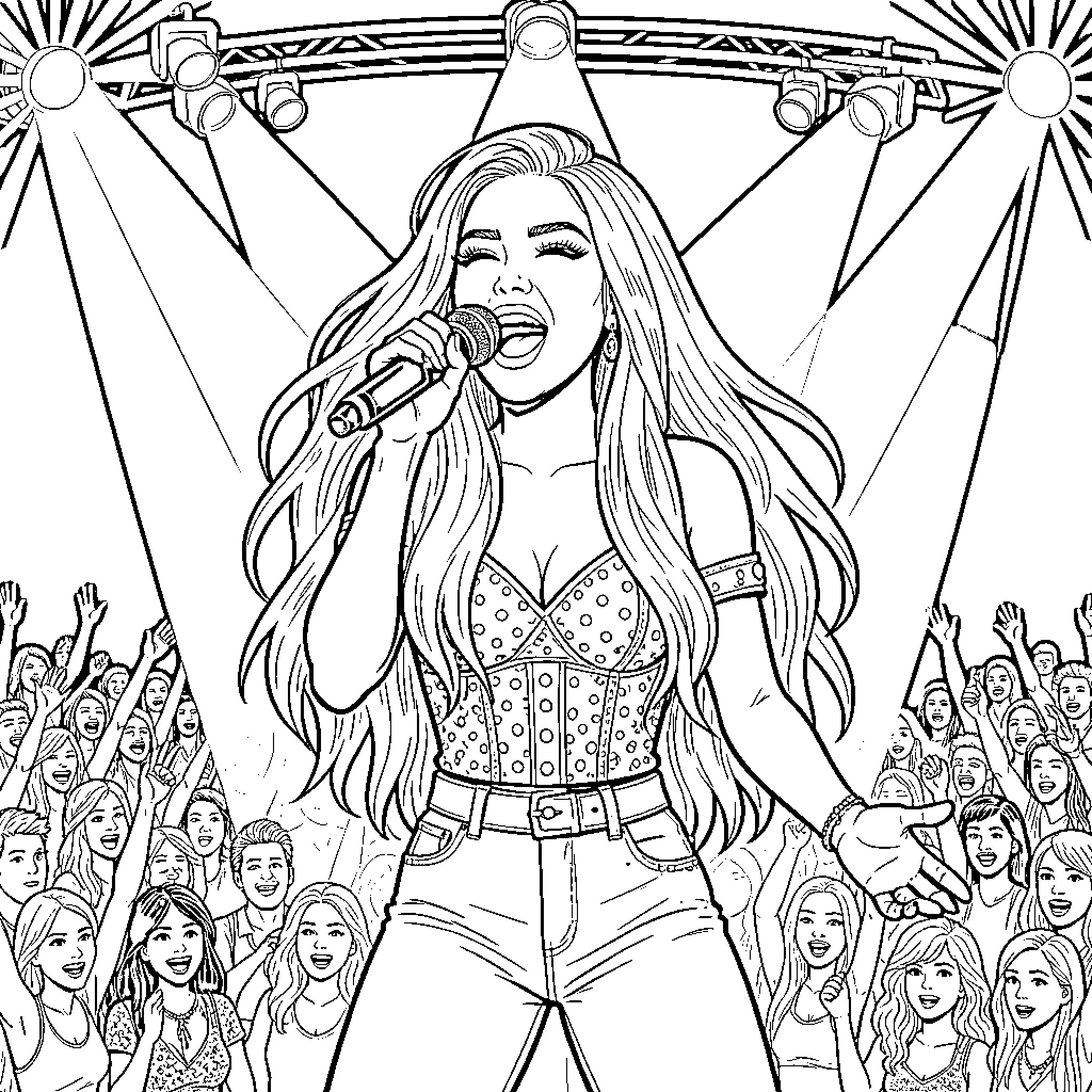 Ariana Grande performing on stage with an audience Coloring Page (free black-and-white line drawing printable PDF for all, from beginners to advanced learners, including children, teens, adults, and seniors)