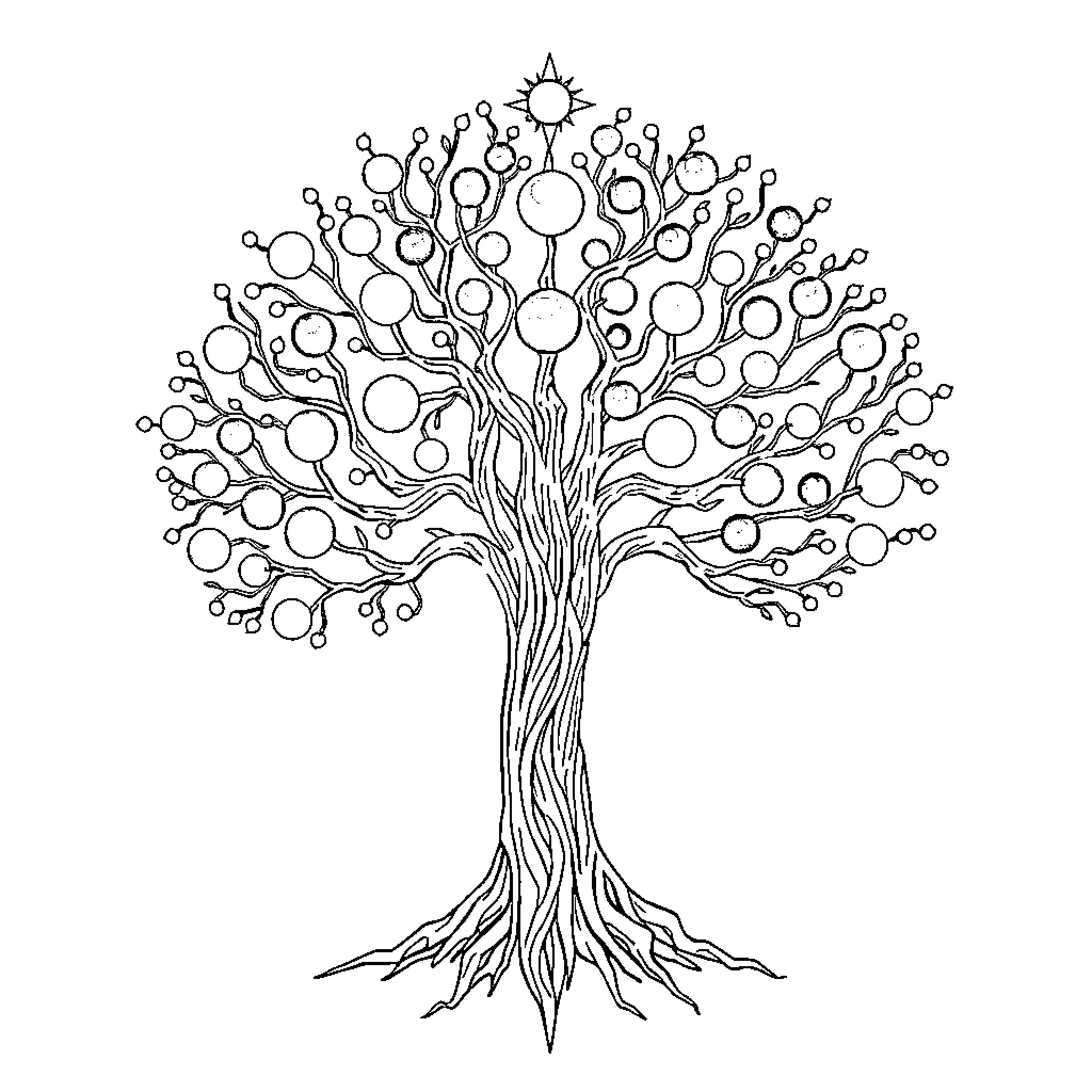 Tree of Life with Geometric Shapes Coloring Page (free black-and-white line drawing printable PDF for all, from beginners to advanced learners, including children, teens, adults, and seniors)