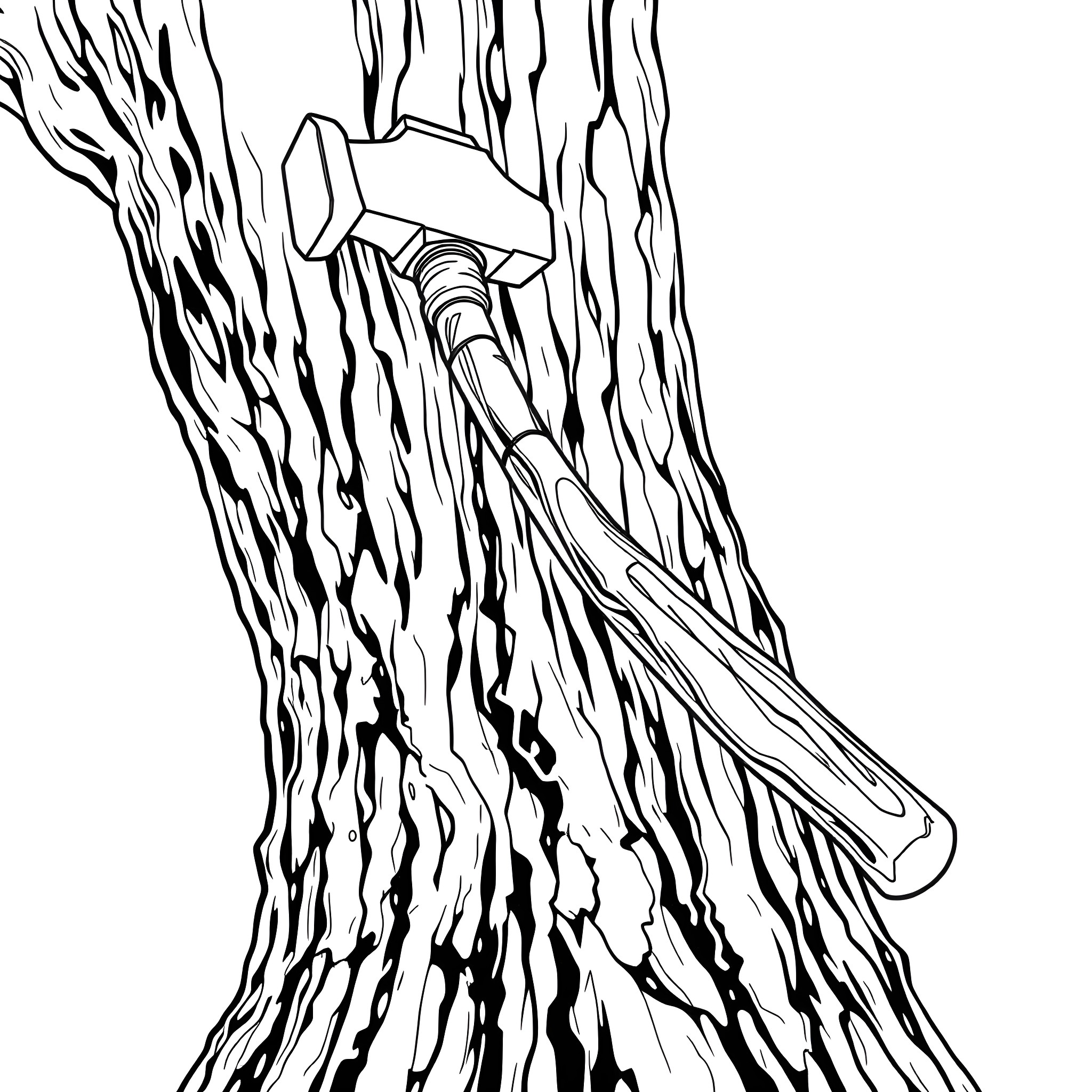 Hammer Breaking Through Wooden Planks Coloring Page (free black-and-white line drawing printable PDF for all, from beginners to advanced learners, including children, teens, adults, and seniors)