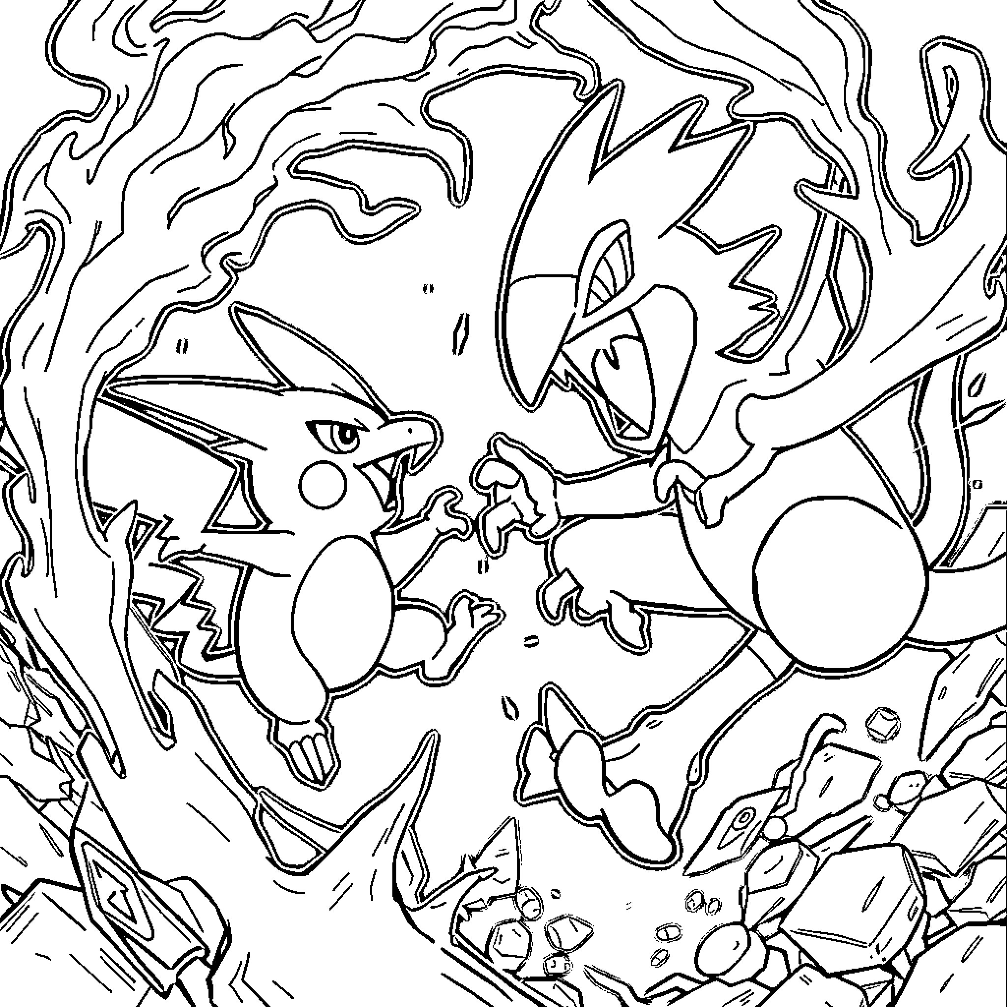 Pokémon battle in a fierce environment Coloring Page (free black-and-white line drawing printable PDF for all, from beginners to advanced learners, including children, teens, adults, and seniors)