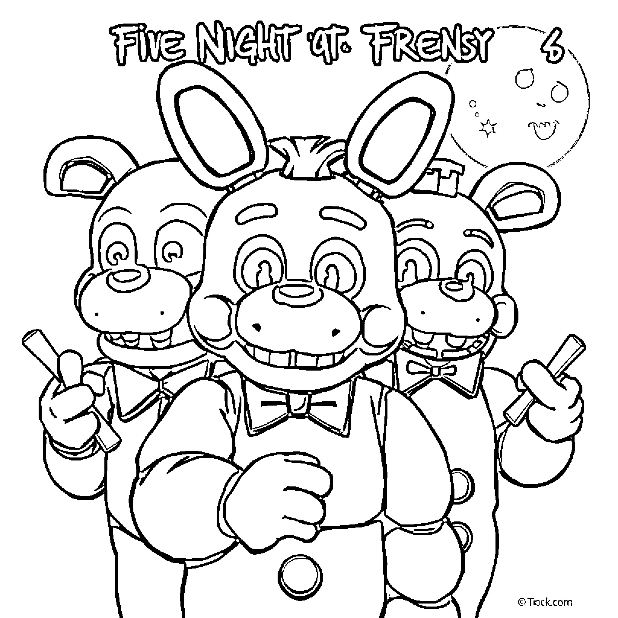 Five Nights At Freddy's Animatronic Friends Gathering Coloring Page (free black-and-white line drawing printable PDF for all, from beginners to advanced learners, including children, teens, adults, and seniors)