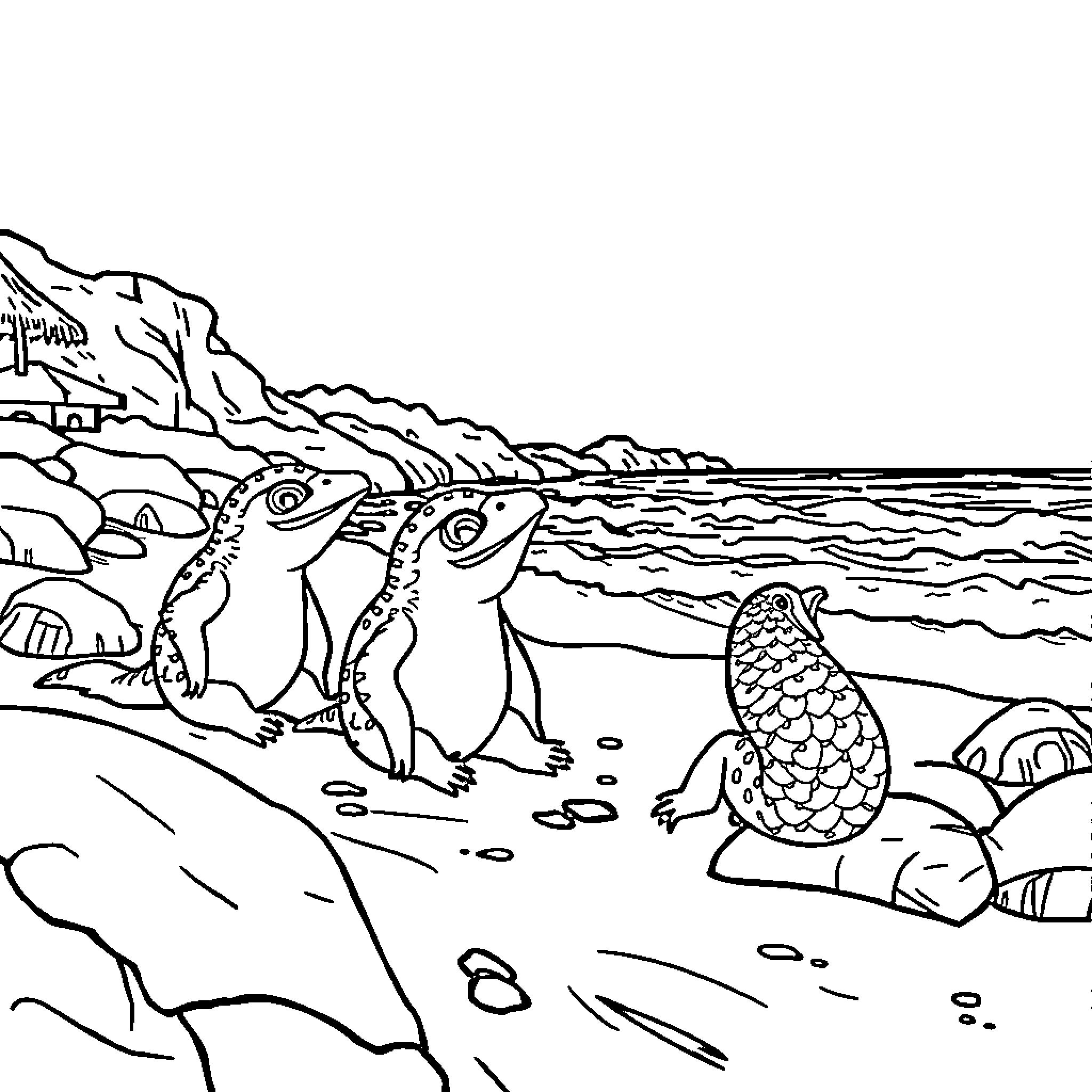 Worm creatures exploring a rocky seaside Coloring Page (free black-and-white line drawing printable PDF for all, from beginners to advanced learners, including children, teens, adults, and seniors)