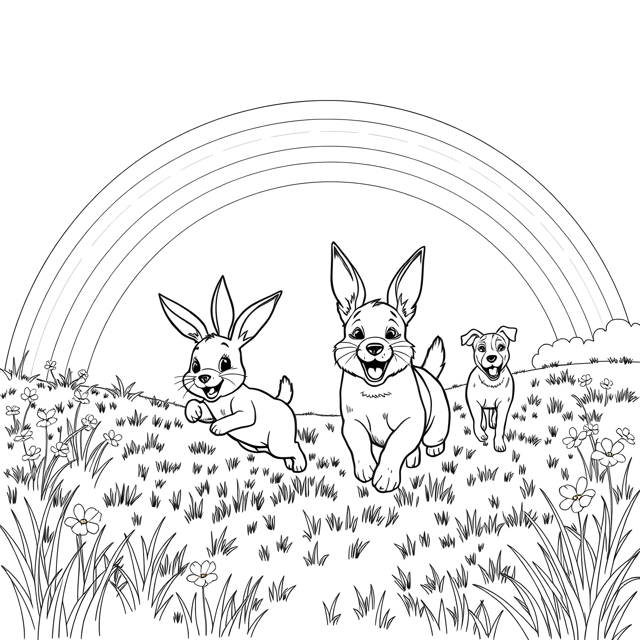Bunny friends playing in the meadow Coloring Page (free black-and-white line drawing printable PDF for all, from beginners to advanced learners, including children, teens, adults, and seniors)