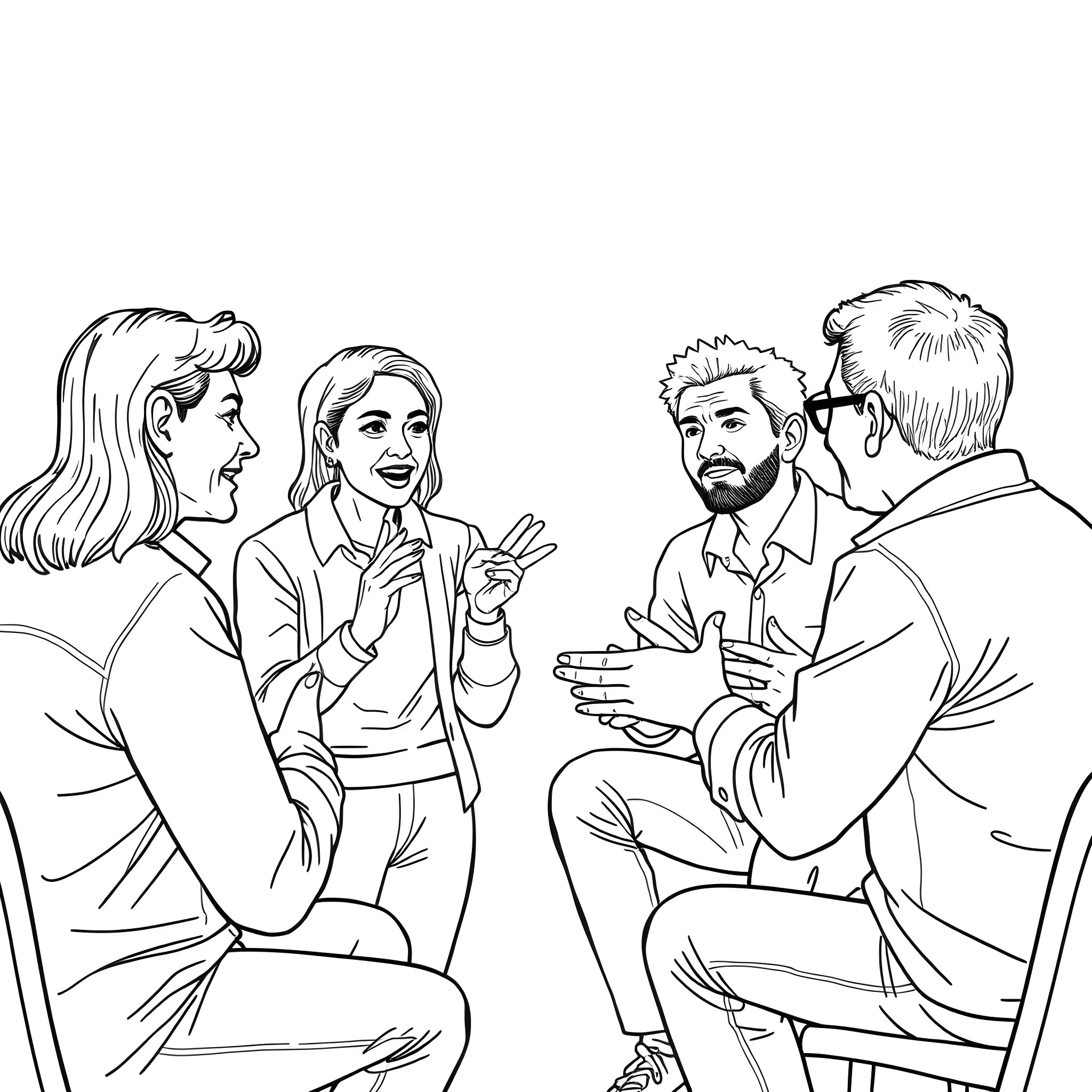 Adult professionals having friendly discussion Coloring Page (free black-and-white line drawing printable PDF for all, from beginners to advanced learners, including children, teens, adults, and seniors)