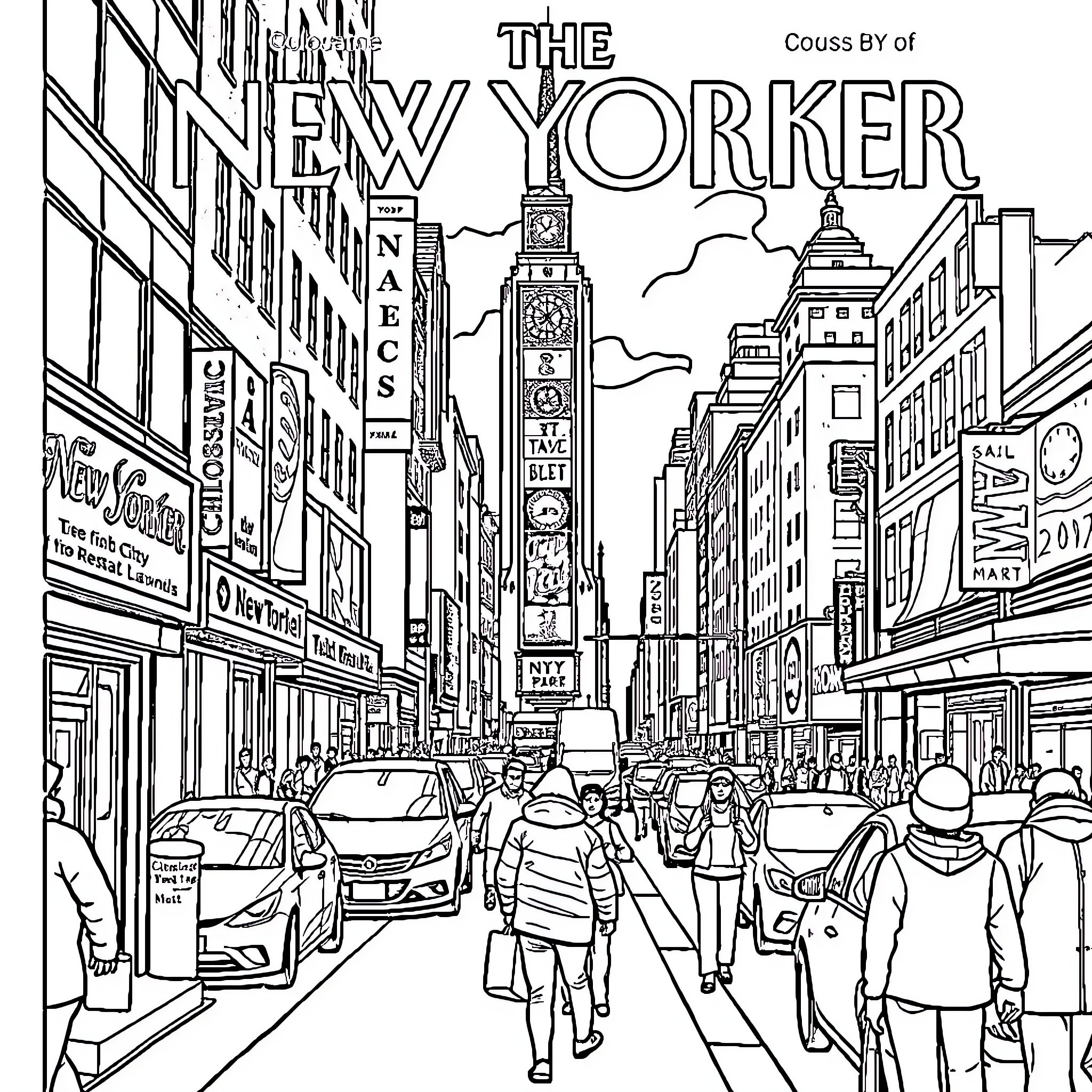 New Yorker Times Square Scene with Pedestrians Coloring Page (free black-and-white line drawing printable PDF for all, from beginners to advanced learners, including children, teens, adults, and seniors)