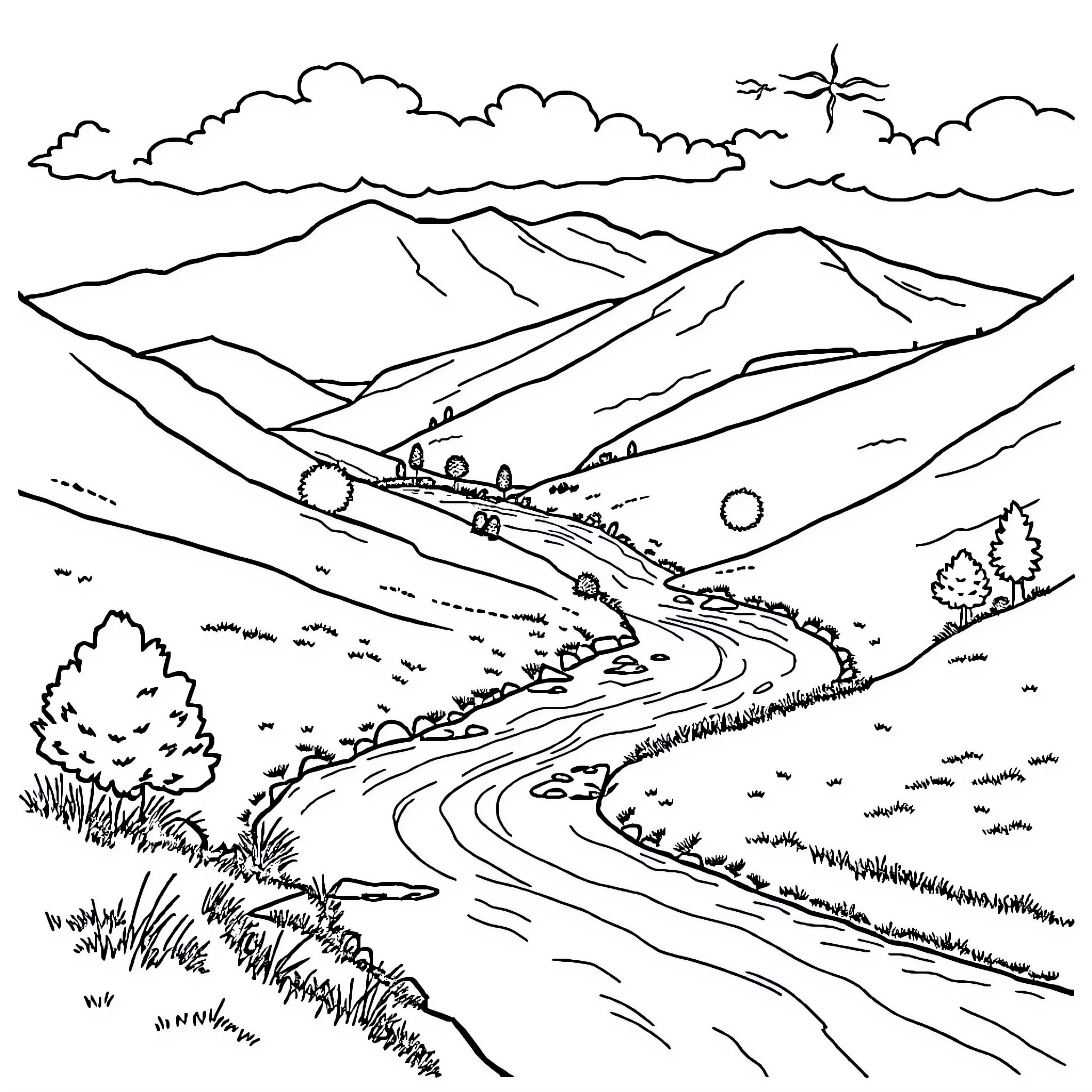 River winding through scenic mountain landscape Coloring Page (free black-and-white line drawing printable PDF for all, from beginners to advanced learners, including children, teens, adults, and seniors)