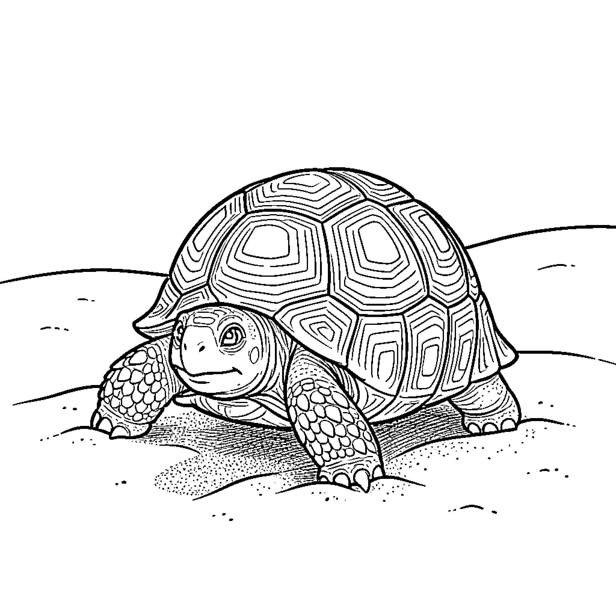 Tortoise exploring its natural habitat Coloring Page (free black-and-white line drawing printable PDF for all, from beginners to advanced learners, including children, teens, adults, and seniors)