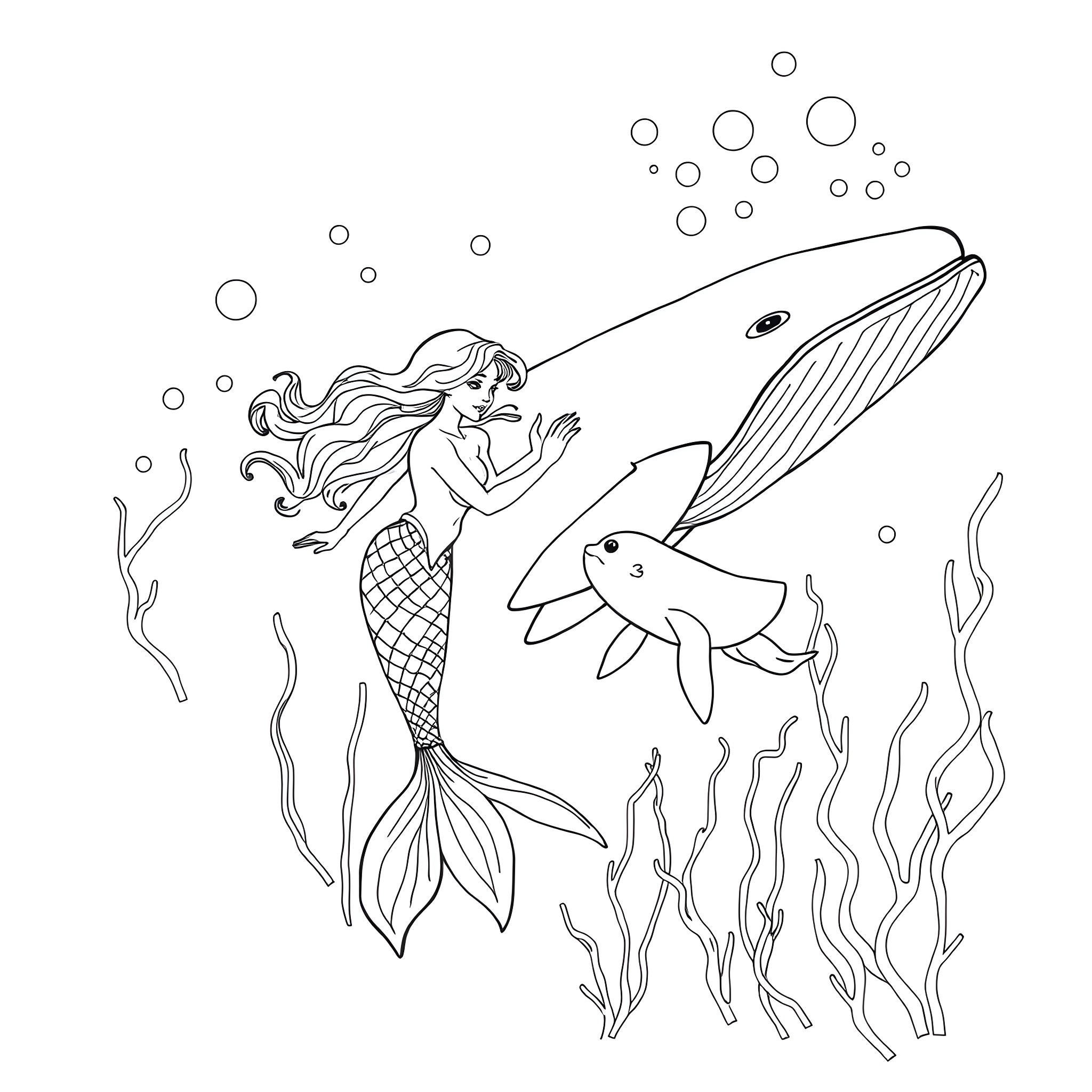 Mermaid playing with fish in the ocean Coloring Page (free black-and-white line drawing printable PDF for all, from beginners to advanced learners, including children, teens, adults, and seniors)