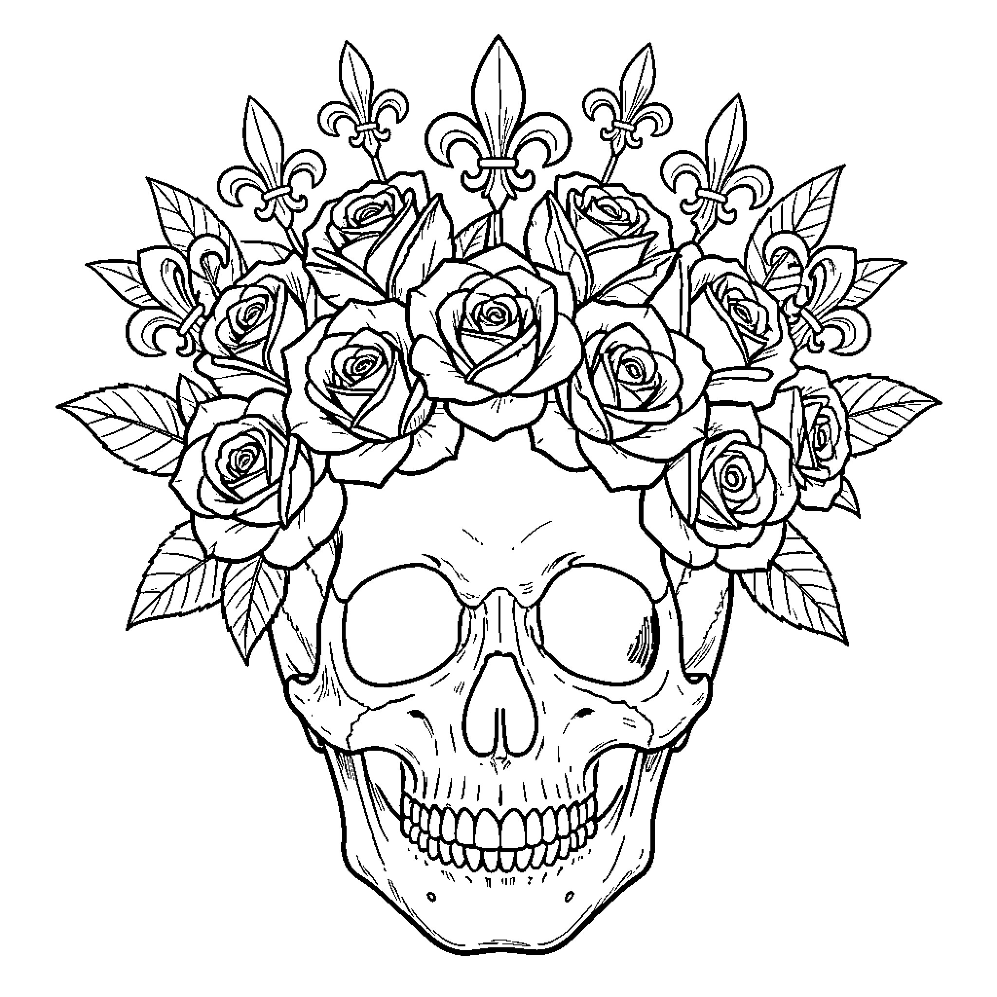 Skull adorned with roses and fleur-de-lis Coloring Page (free black-and-white line drawing printable PDF for all, from beginners to advanced learners, including children, teens, adults, and seniors)