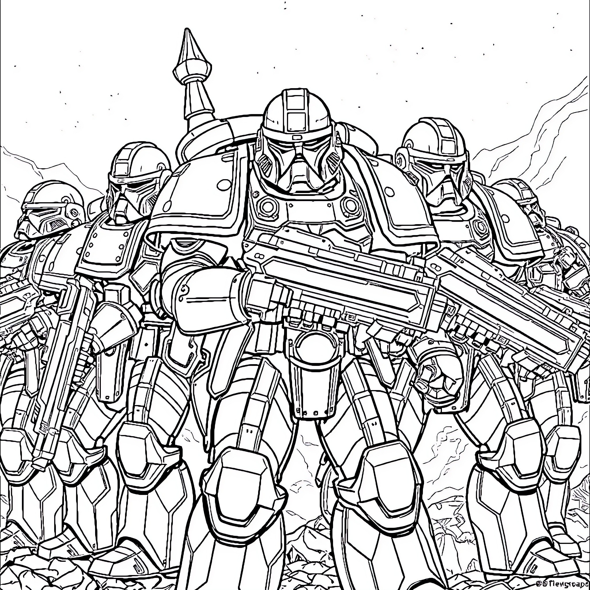 Adeptus Astartes Advance Amidst Rubble and Ruin Coloring Page (free black-and-white line drawing printable PDF for all, from beginners to advanced learners, including children, teens, adults, and seniors)