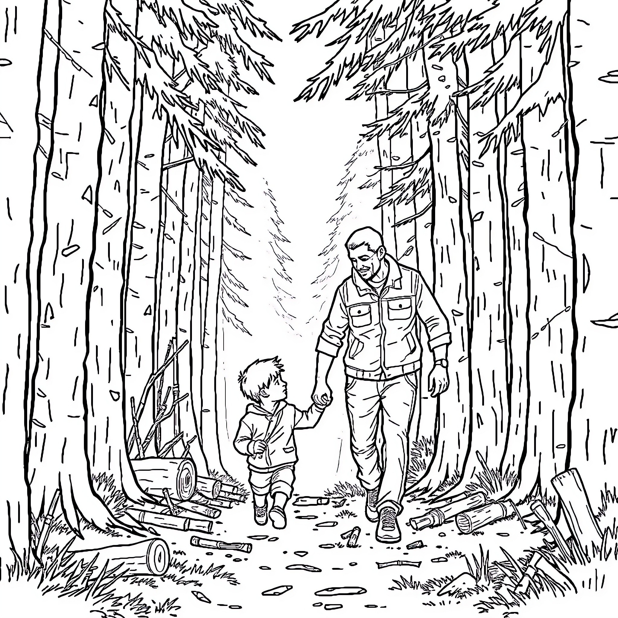 Dad hiking with child in the forest Coloring Page (free black-and-white line drawing printable PDF for all, from beginners to advanced learners, including children, teens, adults, and seniors)
