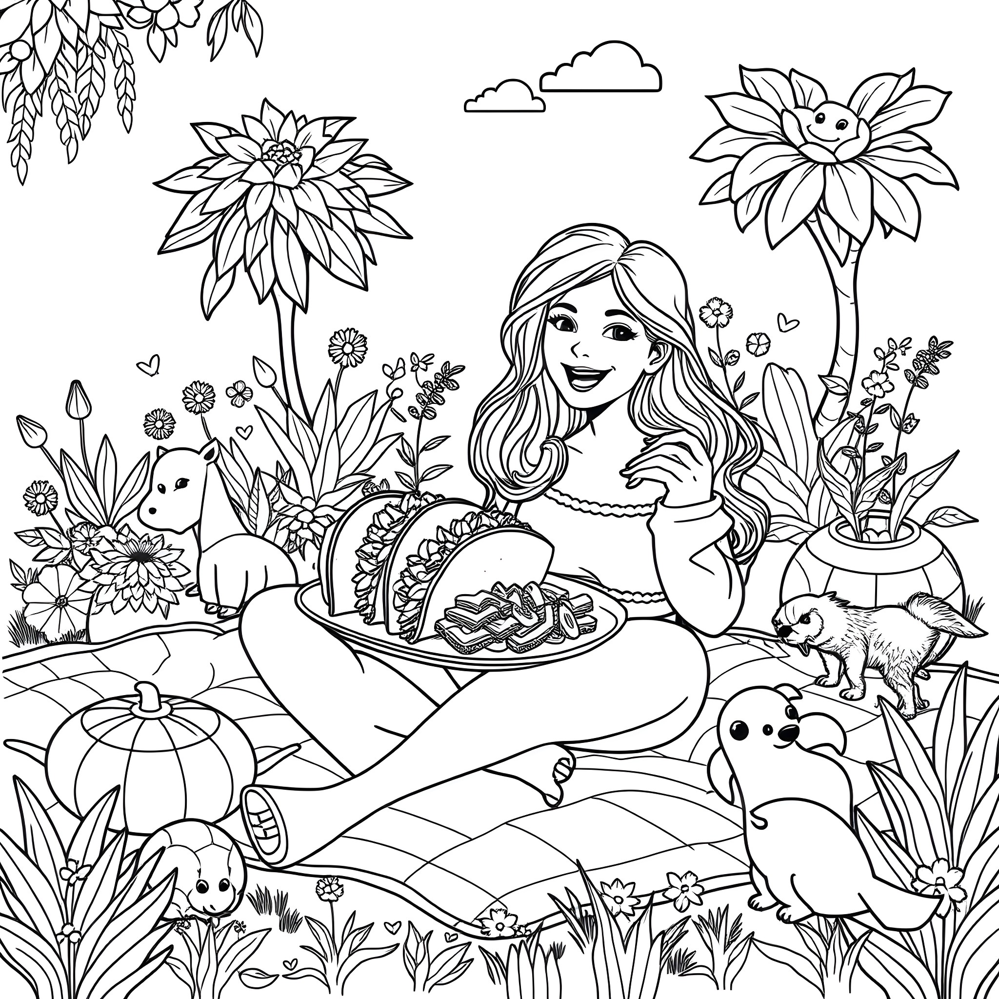 Woman enjoying a picnic in a flowery garden Coloring Page (free black-and-white line drawing printable PDF for all, from beginners to advanced learners, including children, teens, adults, and seniors)