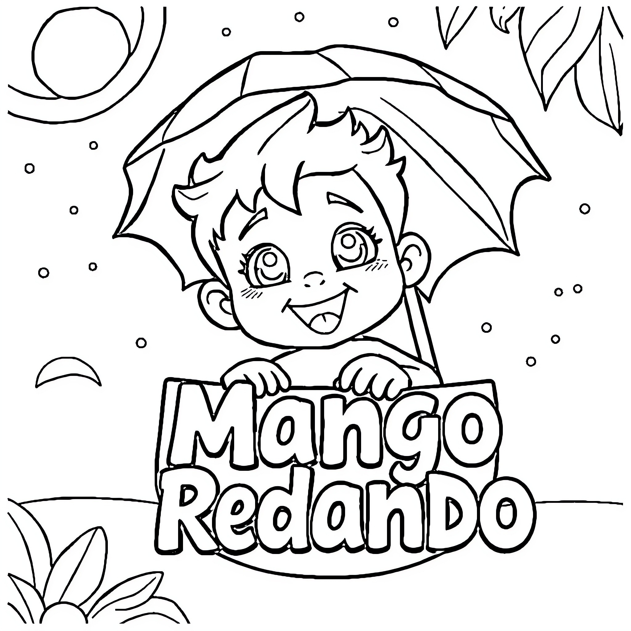 Lilo playing happily with Mango Redando sign Coloring Page (free black-and-white line drawing printable PDF for all, from beginners to advanced learners, including children, teens, adults, and seniors)