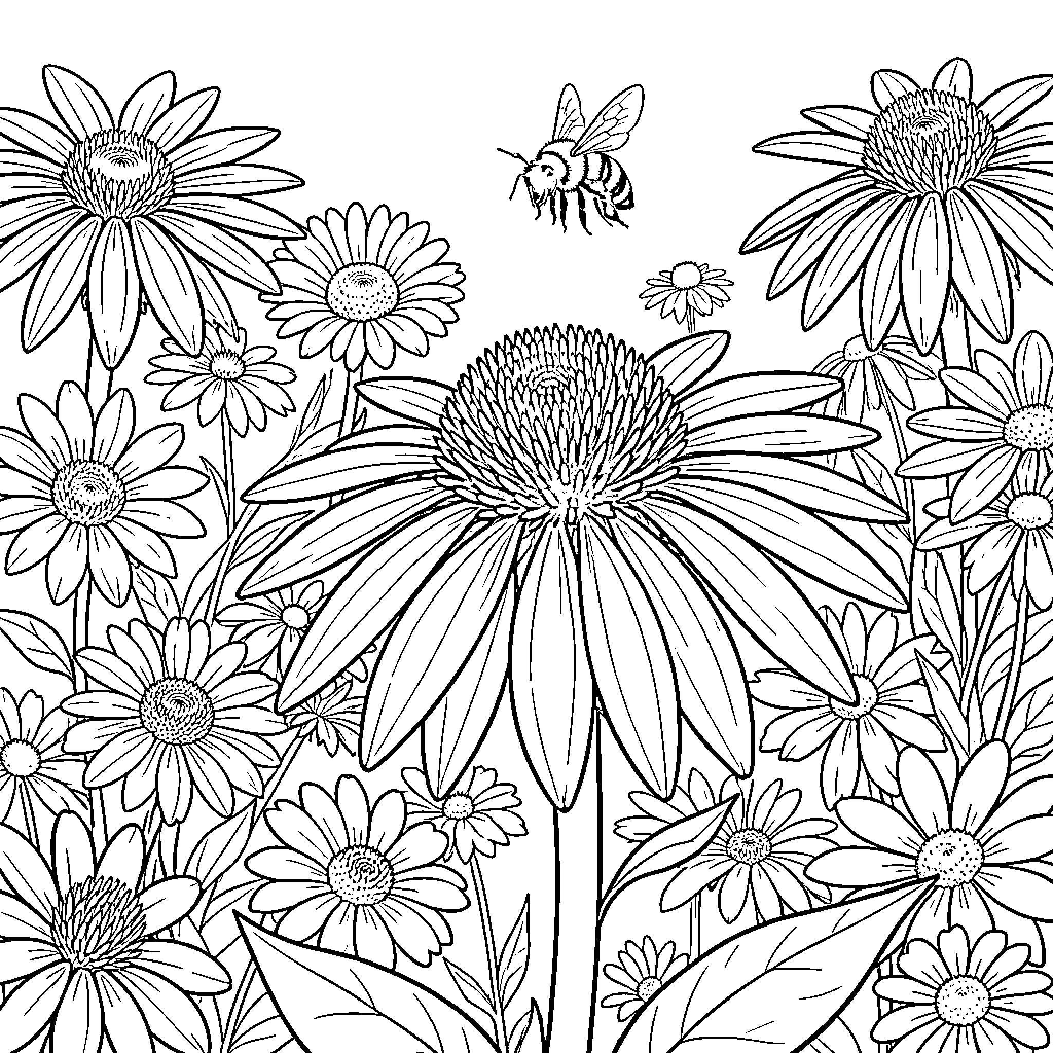 Bumble Bee exploring a vibrant flower garden Coloring Page (free black-and-white line drawing printable PDF for all, from beginners to advanced learners, including children, teens, adults, and seniors)