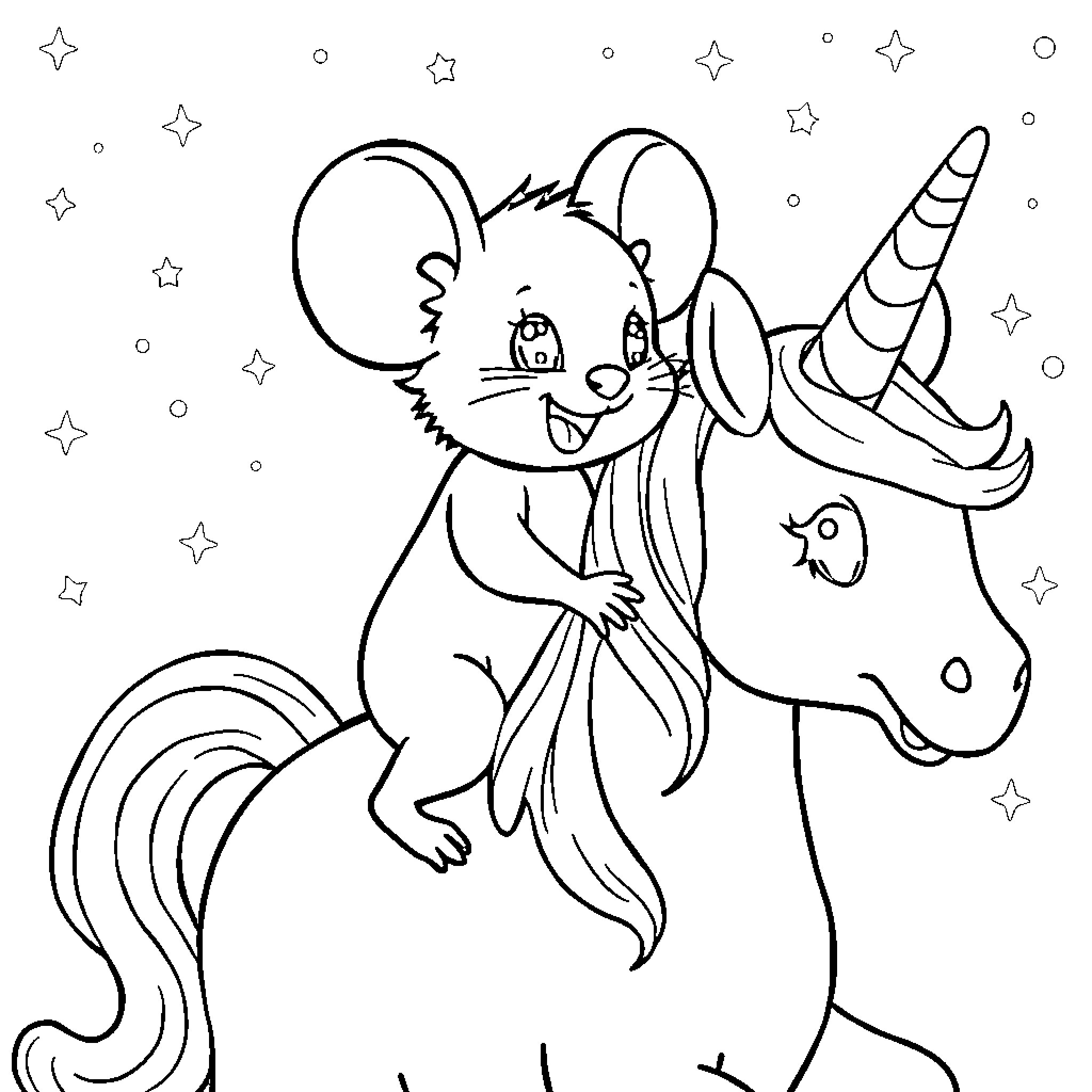 Minnie Mouse riding a unicorn in the starry night Coloring Page (free black-and-white line drawing printable PDF for all, from beginners to advanced learners, including children, teens, adults, and seniors)