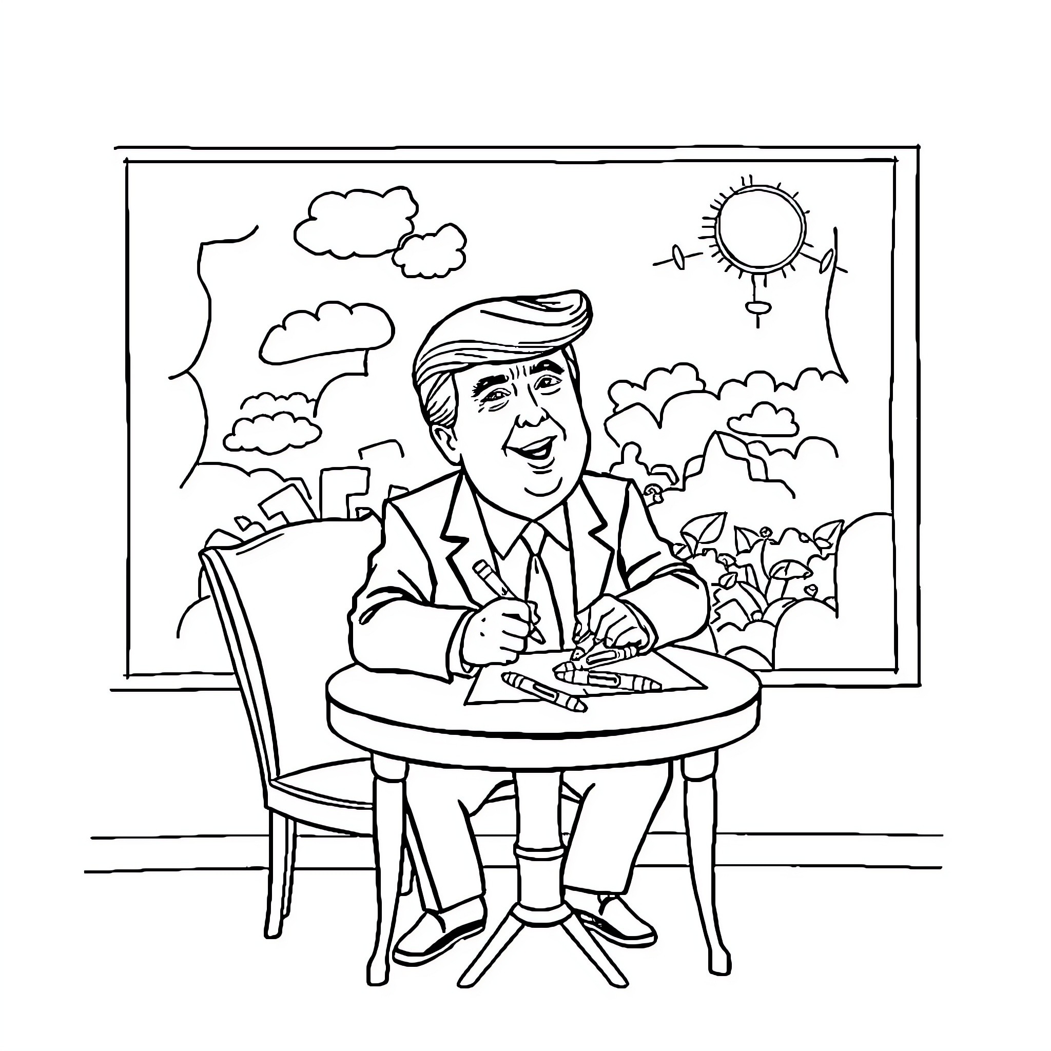 Donald Trump Signing Documents in Office Coloring Page (free black-and-white line drawing printable PDF for all, from beginners to advanced learners, including children, teens, adults, and seniors)